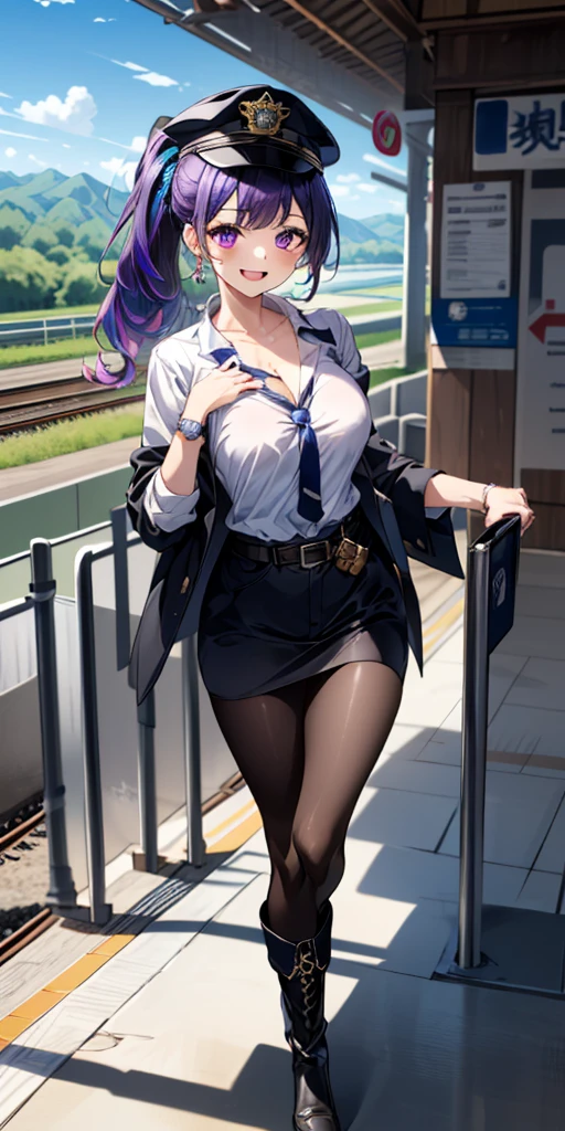 (                masterpiece    :1.3,   top quality,          super high resolution,          super detailed ),         beautiful illustration   ,  completion,         colorful        ,  、、、、Writing depth        , 
          Beautiful Detailed Sparkle       ,            Beautiful Detailed Faces          , beautiful detailed purple eyes,    Daytime    Japanese       station,   beautiful collarbone         ,         beautiful body,         Beautiful breasts   , Big Breasts,             beautiful thighs,         beautiful legs, Beautiful fingers        , 
        watches viewers, Front View:0.6,         1 girl,       Japanese      ,        perfect face, (          anatomically accurate    ),            I can see beautiful symmetrical faces and necks       ,  baby face, , shiny skin, 
(        long hair:1.5,             ponytail:1.6,       Purple Hair ),          Women's asymmetrical bangs      , eye,   long eyelashes, (        white shirt with medium breasts on the chest  ), slender, 
((  鉄道station員  ,   flight attendants,crew hat ,The jacket is dark blue,I'm wearing a name tag on my left chest,I'm wearing a police hat, Long Sleeve   , Wearing a black tie, belt,  white gloves on both hands , Thigh-length boots ,     black pantyhose ,       sharp   , 
(        Beautiful Scenery        ),      Daytime, ( station ),      guiding passengers to the train ,Accentuate your legs ,     high heels (   Walker Behind      、       put your hands on your chest        ), (Happy smile,        open your mouth and get smaller       ), 