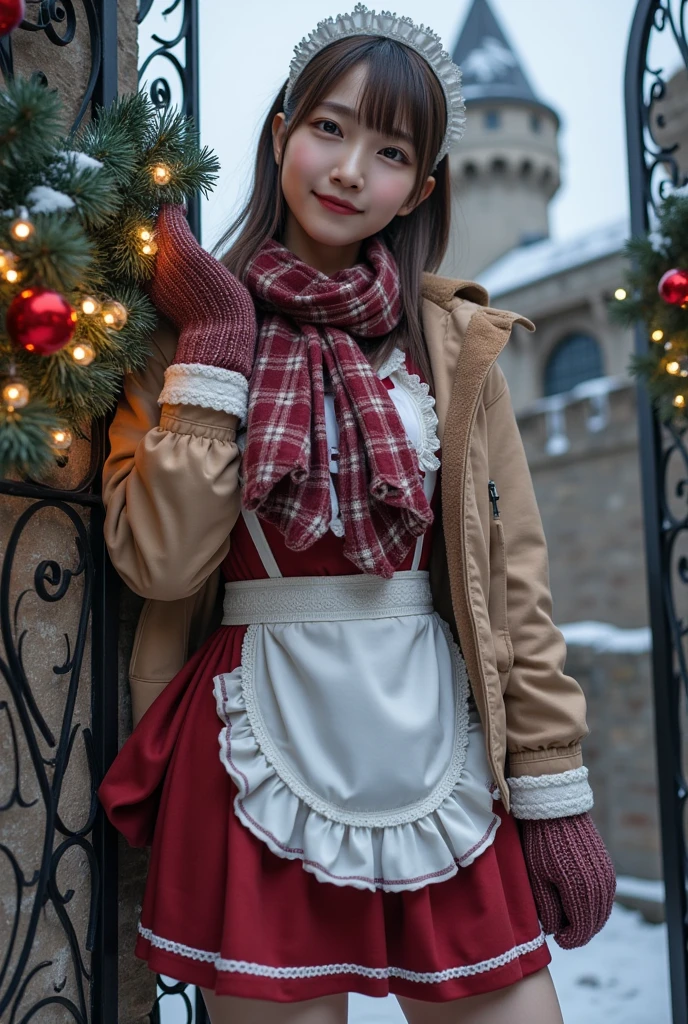 ultra-realistic, photorealistic, dramatic scene, shadow, global-illumination, solo, (20 years old Japanese famous idol girl:1.5), very beautiful fragile Japanese girl, very beautiful with very cute but boyish cool face, (traditional maid, face focus, woolen gloves and scarf:1.2), (wearing a cute traditional colored maid outfit with frills, winter jacket, warm tights:1.2), snow boots, (extremely large breasts), slim waist, she is in front of the antique gate of the European castle, she is decorating the gate with Christmas decorations, gorgeous Christmas illumination, she looks so happy, smile, snow is falling steadily, amazing view of the castle tower