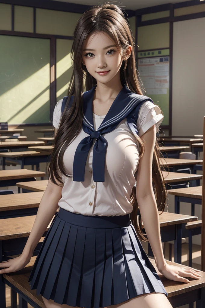 (8k, Highest quality, The pieces fly:1.2)、Ultra-high resolution、anime,1 very pretty girl,Asuka Langley,Highly detailed face, Fine grain,blue eyes,,White sailor collar plain short sleeve shirt,Light blue skirt,Light Blue Suspenders,uniform_Red ribbon,Orange Hair,Long Hair、Detailed hand and fingers,put your hands in your hair,Grin、sitting on desk,Shooting from above,classroom