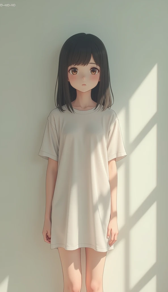 lighting like a movie、highest qualityr、１０Edad、Adolescente Chica、corte corto de cabello negro、usar ropa interior blanca、camisetas sin mangas blancas、Inside the room、Tomado del bajo、the morning sun、Pezones transparentes、lleno de sudor、
