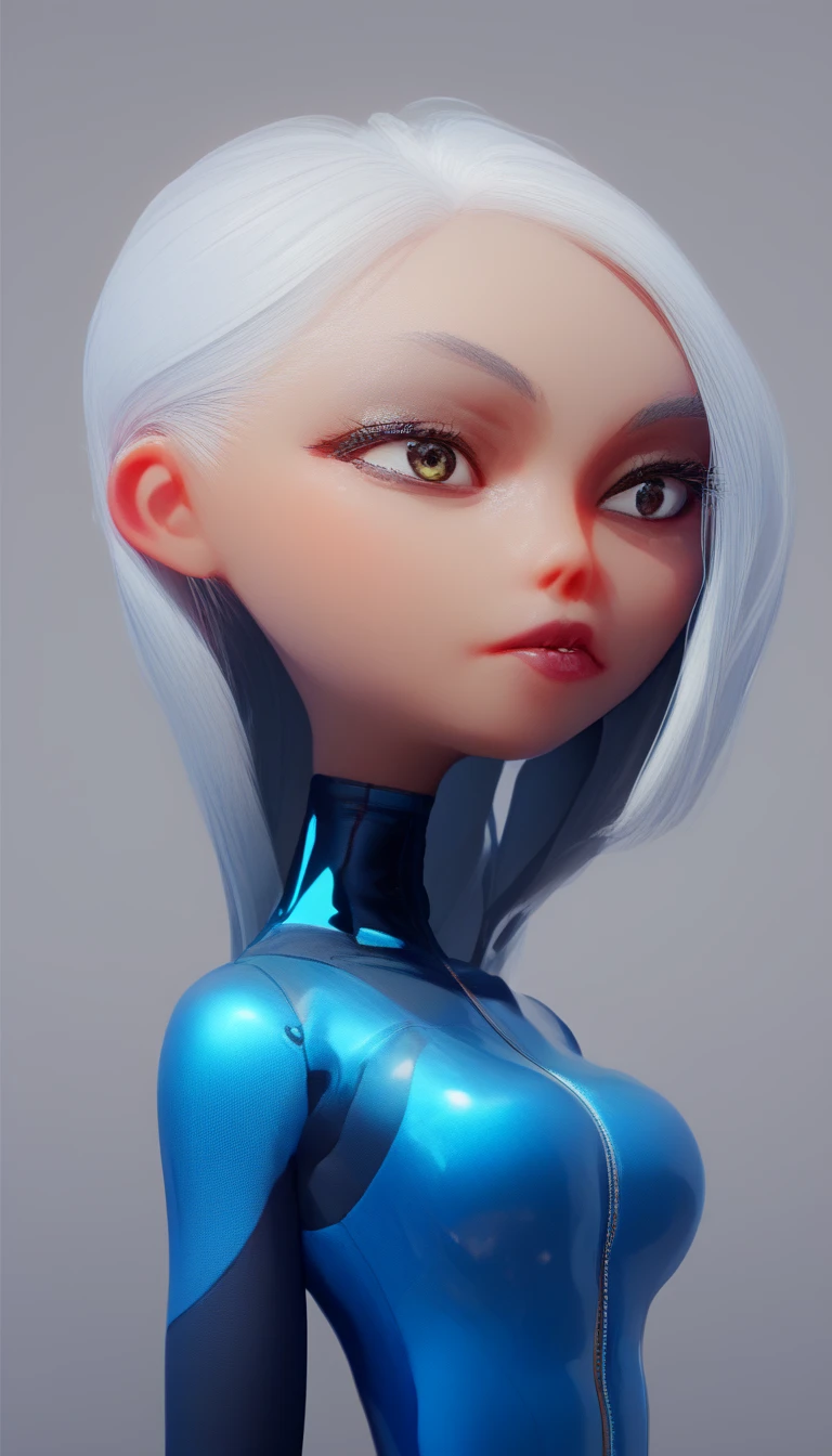 Tanned Woman with silver hair. She has a small blue geometric wril tatoo on her forehead. She is wearing a skin-tight blue wetsuit. She is  floating upright in a geometric stasis pod. She is wearing a full face gas mask
