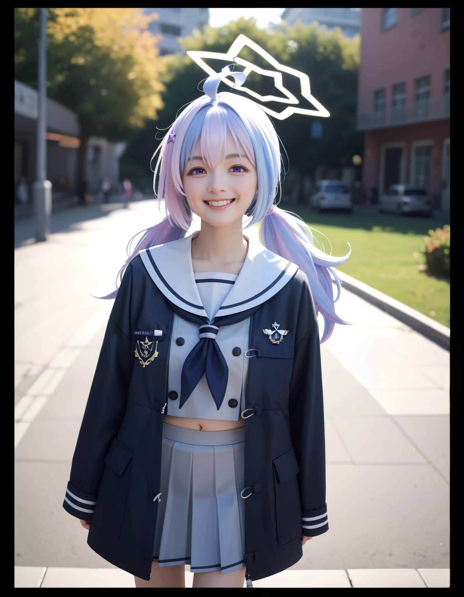 Masterpiece, realistic, solo, hd, best quality, reisa \(blue archive\),purple eyes, multicolored hair,low twintails, halo,star \(symbol\),black jacket,sailor collar,grey skirt, socks, standing, outdoor, happy, smile