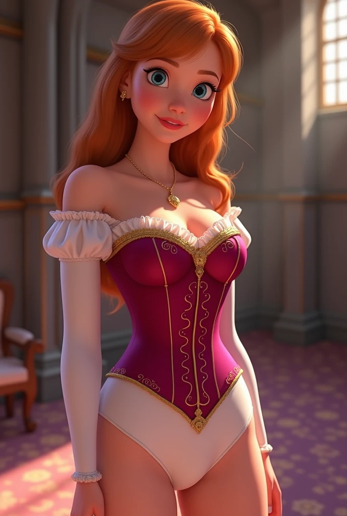 (((1 girl))) DisneyAurora, 27 years old, full body view Beautiful woman (((shoulder length wavy auburn hair, two side up with bangs))) defined body, voluptuous, sexy, Red lipstick, hands free, (((mouth slightly open, smiling))) (((standing facing camera))) ((( short sleeve, navy blue leotard with white lace trim ))), in marble grand hall (large_breasts:1.2) (curvy:1.1)(chubby:0.9)