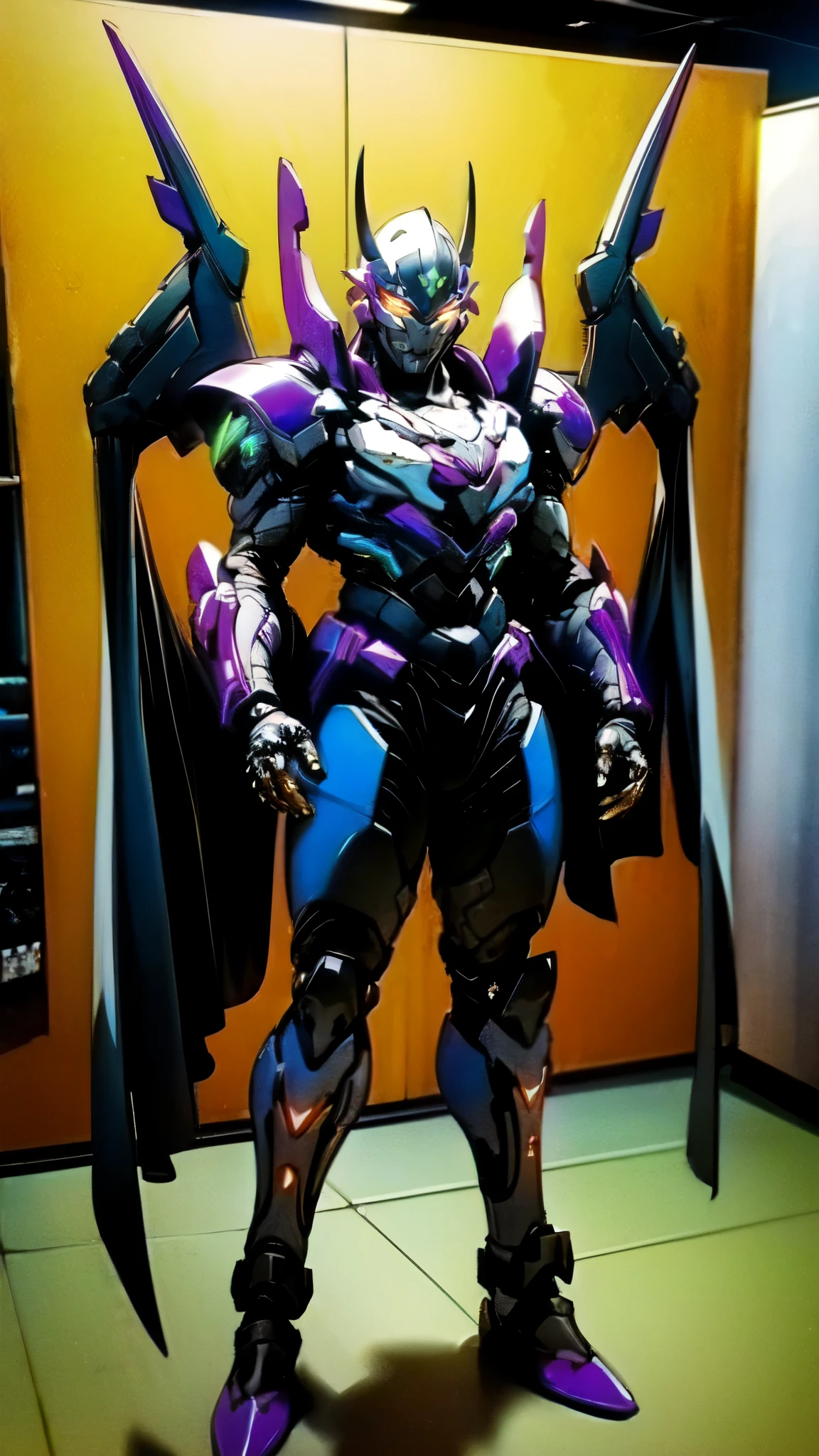 (masterpiece:1.5, best quality:1.5, extremely delicate:1.5), ((male:1.5)), a man wearing a full-face helmet, high-tech biomimetic armored combat suit, (a composite layered chest armor), the design balances heavy with agility, fully enclosed shoulder guards, matching arm and leg guards, a belt of gemstone, (the color scheme is primarily Yellow with Red and Purple accents, Organic Biotech, Concept Inspired by Vampire, glowing eyes, armor glows, huge cloak like devil wings, blood), stand of a futuristic sci-fi city, this character embodies a finely crafted fantasy-style armored hero in anime style, exquisite and mature art style, metallic, high definition, highres, ultra-detailed, ultra-fine painting, professional, perfect body proportions, golden ratio, anatomically correct, symmetrical face, extremely detailed eyes and face, high quality eyes, creativity, RAW photo, UHD, 32k, Natural light, cinematic lighting, (masterpiece-anatomy-perfect:1.2)