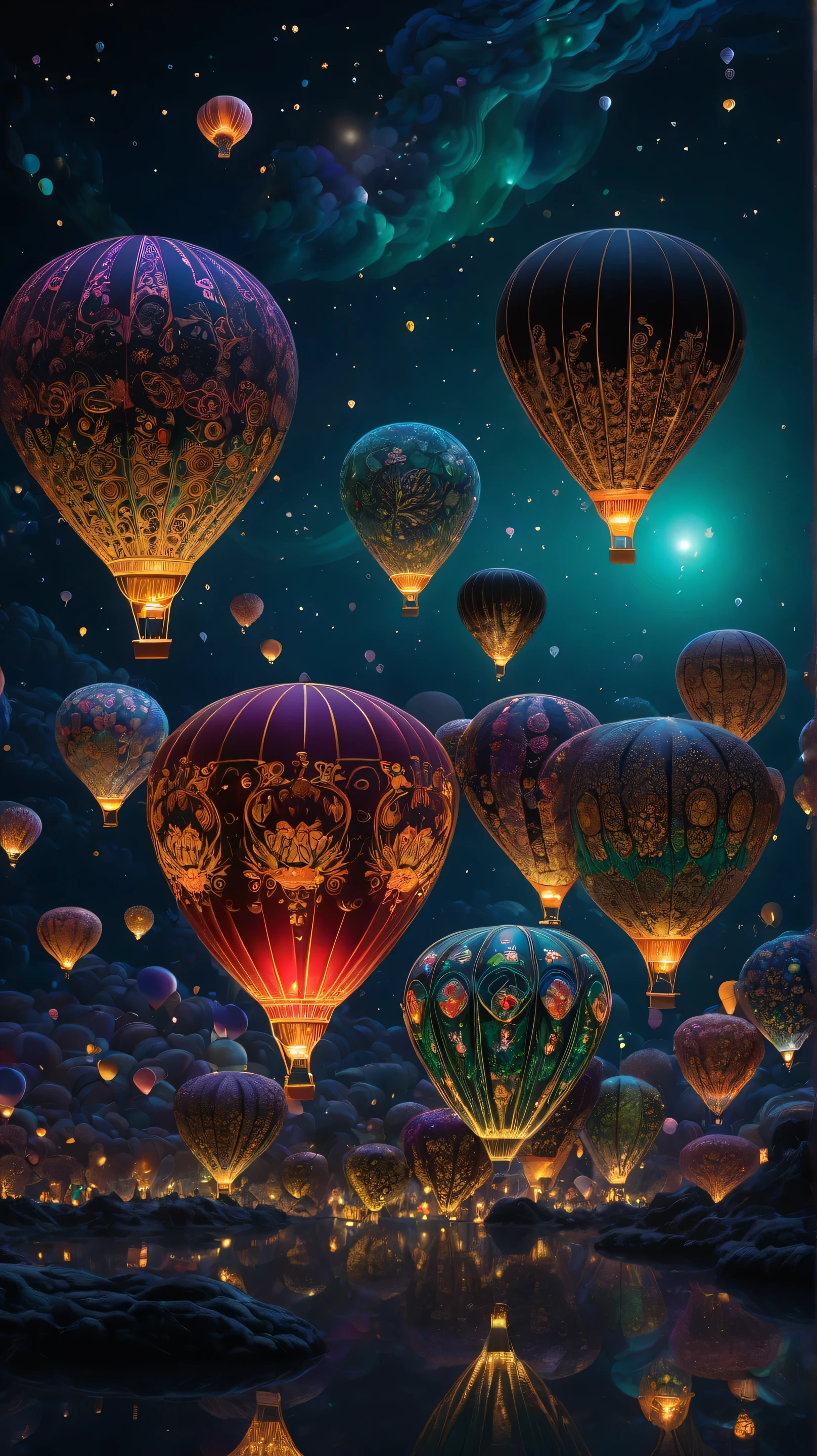 "A breathtaking scene of luminous night balloons, each adorned with unique and intricate patterns, designs, and motifs. The craftsmanship of the balloons is exquisite, showcasing delicate floral, geometric, and cultural designs, all illuminated from within by a radiant, almost intense glow. The vivid light emanates in shades of gold, crimson, sapphire, and emerald, casting dynamic reflections on the surrounding night sky. The balloons float gracefully, their powerful brilliance creating a stunning contrast against the deep, serene darkness. The scene is cinematic, with ultra-high-definition 8K resolution, capturing every delicate thread of the designs, the interplay of light and shadow, and the ethereal atmosphere of this awe-inspiring display."