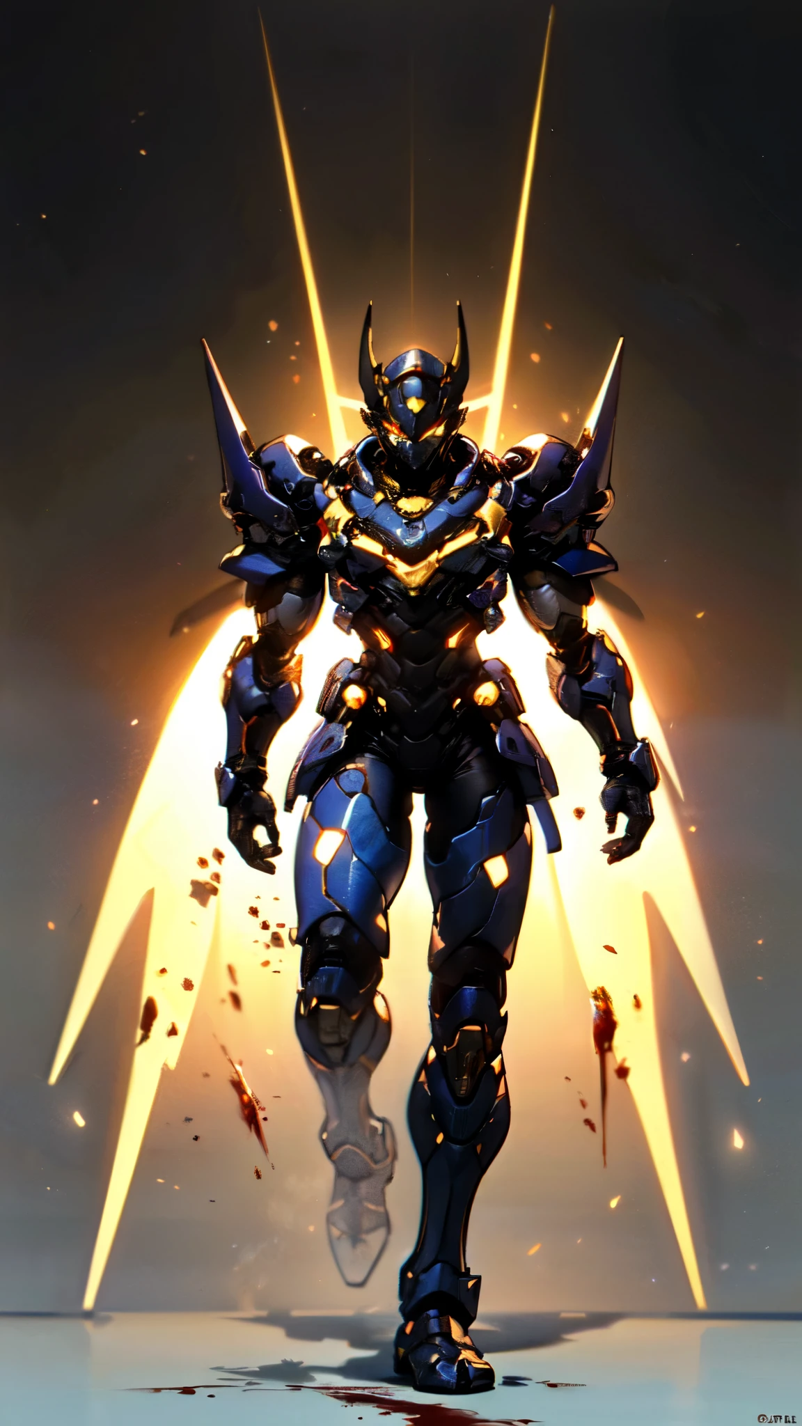 (masterpiece:1.5, best quality:1.5, extremely delicate:1.5), ((male:1.5)), a man wearing a full-face helmet, high-tech biomimetic armored combat suit, (a composite layered chest armor), the design balances heavy with agility, fully enclosed shoulder guards, matching arm and leg guards, a belt of gemstone, (the color scheme is primarily Yellow with Red and Purple accents, Organic Biotech, Concept Inspired by Vampire, glowing eyes, armor glows, huge cloak like devil wings, blood), stand of a futuristic sci-fi city, this character embodies a finely crafted fantasy-style armored hero in anime style, exquisite and mature art style, metallic, high definition, highres, ultra-detailed, ultra-fine painting, professional, perfect body proportions, golden ratio, anatomically correct, symmetrical face, extremely detailed eyes and face, high quality eyes, creativity, RAW photo, UHD, 32k, Natural light, cinematic lighting, (masterpiece-anatomy-perfect:1.2)