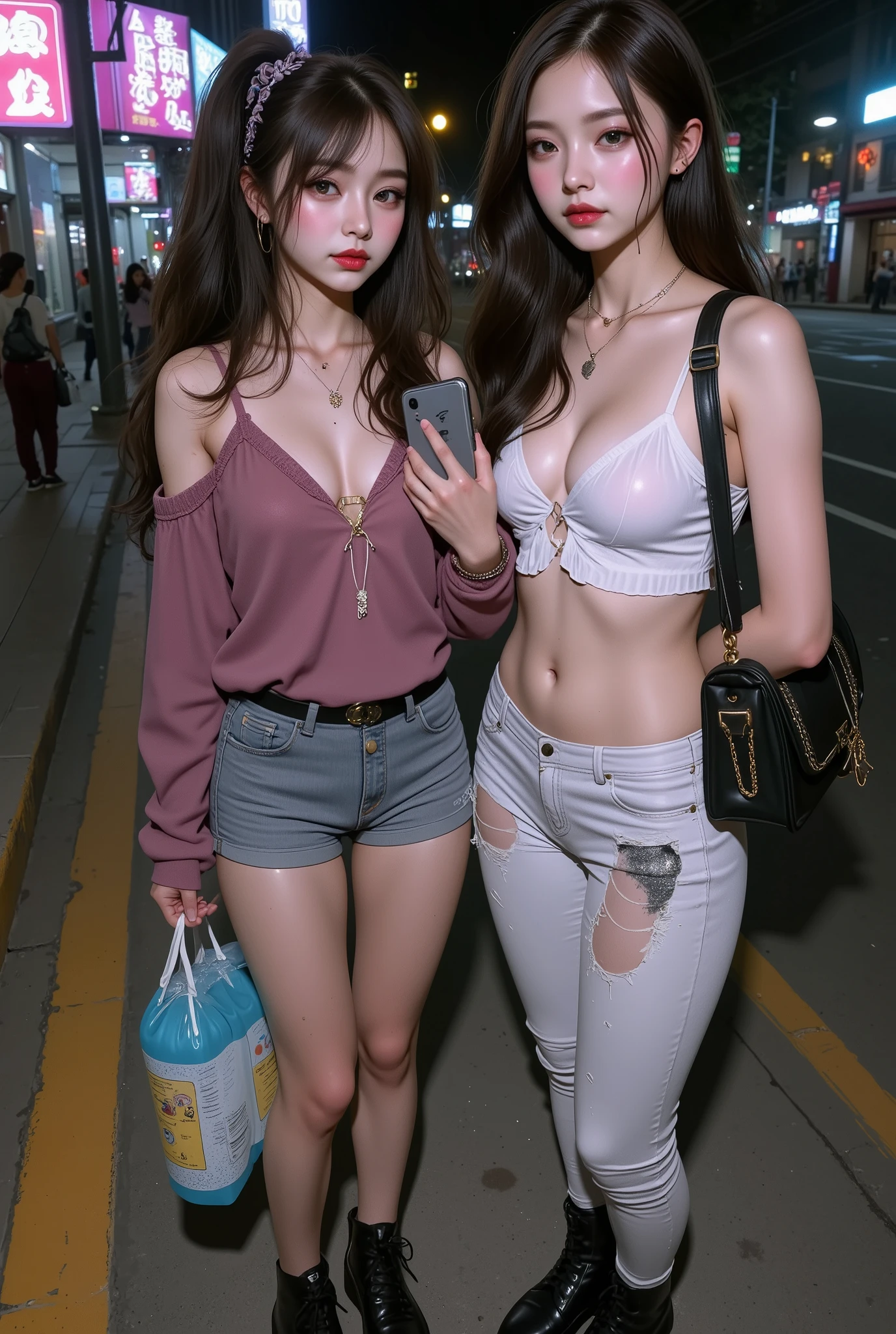 nsfw, low ambient light, flash, super detailed, photorealistic, 2girl, (beautiful girl, street prostitute, illegal), full body, korean girl,
(high resolution, masterpiece, highest quality:1.4), realistic, photo, amazing detail, 8k, high resolution, amazing many layers,
2girl, beautiful girls, Toyoko s, begging girls, poor girls, runaway girls, menhera girls, colorful, two standing side by side,
girls wearing simple casual wear of their own choice,
girls wearing gothic lolita clothes,
girls with different hairstyles,
girls are dirty,
girls' clothes are worn out,
girls' clothes are dirty,
girls' clothes are damaged,
girls are wearing cheap hair accessories, cheap necklaces, cheap bracelets, cheap anklets,
girls are carrying dirty carry bags,
girls are carrying plastic bottles and plastic bags with snacks,
holding smartphones, Freckles,
Pee-stained pants,
Dating a homeless man,
She peed herself,
Downtown at night, the park at night,