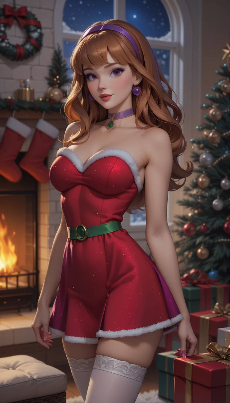 score_9, score_8_up, score_7_up, 1girl, solo, beautiful waifu, thicc, (Daphne Blake:1.2), wearing (sexy Mrs Clause dress, short dress:1.2), (bare arms, bare shoulders:1.1), (white thighhighs:1.1), plain choker, detailed eyes, detailed face, flirt, (sexy pose:1.2), in cozy winter lodge, living room, fireplace, standing in front of Christmas tree, Christmas theme, Christmas decorations, wrapped presents, lowlight, (night:1.3).