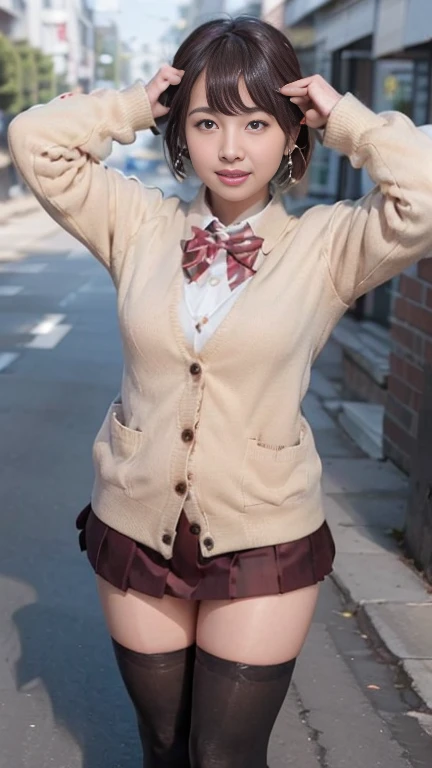 full body shot, from below,  japanese mature,  detailed face , smile, Facial wrinkles, Wrinkles around the eyes,  Detailed Skin Textures ,  white skin,  heavy makeup, curvy body, (earrings, red bowtie,brown cardigan,red skirt,pleated skirt,micro miniskirt:1.2), (black thighhighs,  wearing high heels:1.2), ( full body shot from toe to head wearing black high heels, Standing on the sidewalk:1.2), ( surrealism, best quality, ultra detailed, absolutely resolution, 8k, anatomically correct), depth of field, looking at viewer, (Yuka),  detailed face , full body, arms up, A mature woman is cosplaying