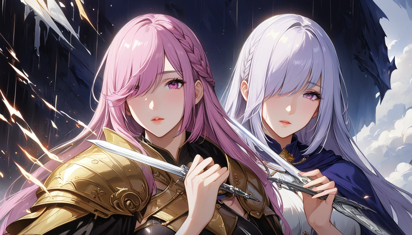 tow female paladin (x2 girls in same picture ) one blonde paladin with lovely golden eyes wearing a golden plate armor holding a golden mace and golden shield . second girl is redhead paladin wearing a black/red plate armor with a great black sword .