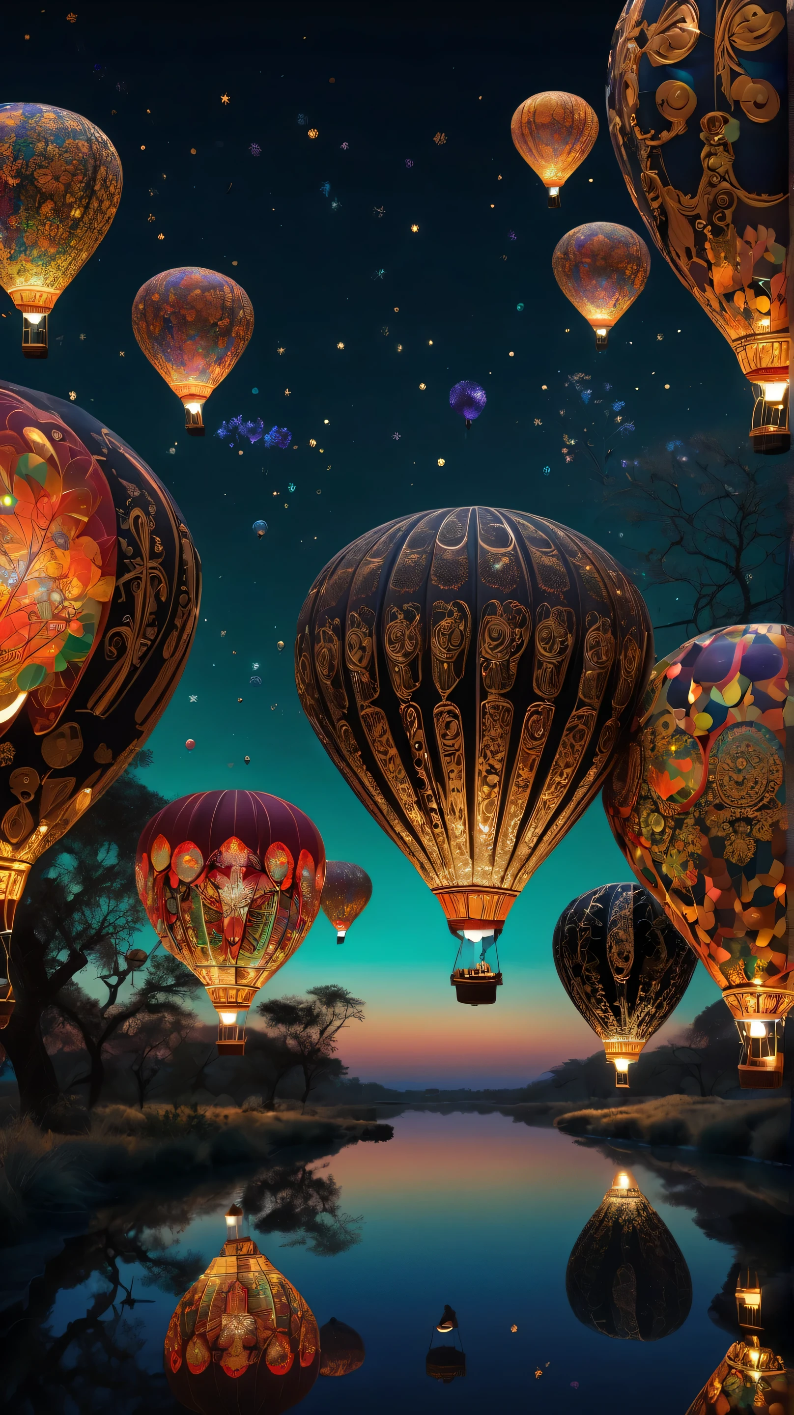 "A breathtaking scene of luminous night balloons, each adorned with unique and intricate patterns, designs, and motifs. The craftsmanship of the balloons is exquisite, showcasing delicate floral, geometric, and cultural designs, all illuminated from within by a radiant, almost intense glow. The vivid light emanates in shades of gold, crimson, sapphire, and emerald, casting dynamic reflections on the surrounding night sky. The balloons float gracefully, their powerful brilliance creating a stunning contrast against the deep, serene darkness. The scene is cinematic, with ultra-high-definition 8K resolution, capturing every delicate thread of the designs, the interplay of light and shadow, and the ethereal atmosphere of this awe-inspiring display."