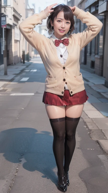 full body shot, from below,  japanese mature,  detailed face , smile, Facial wrinkles, Wrinkles around the eyes,  Detailed Skin Textures ,  white skin,  heavy makeup, curvy body, (earrings, red bowtie,brown cardigan,red skirt,pleated skirt,micro miniskirt:1.2), (black thighhighs,  wearing high heels:1.2), ( full body shot from toe to head wearing black high heels, Standing on the sidewalk:1.2), ( surrealism, best quality, ultra detailed, absolutely resolution, 8k, anatomically correct), depth of field, looking at viewer, (Yuka),  detailed face , full body, arms up, A mature woman is cosplaying