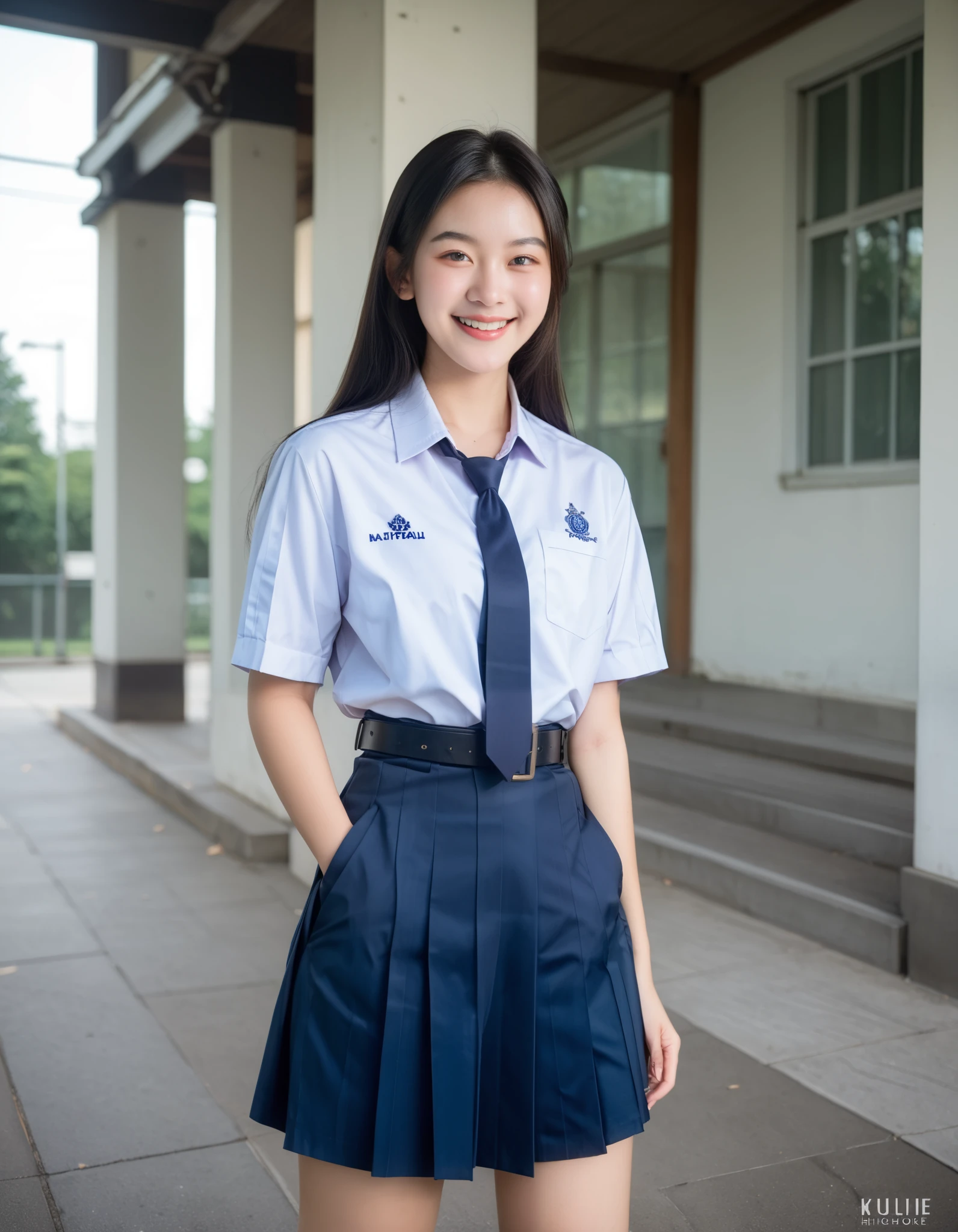 (masterpiece, best quality:1.0), highly detailed,  detail,  1girl, Asian girl, long hair, black hair, Thai highschool uniform, wearing white collared shirt, short sleeves, light blue skirt, pleated skirt, black belt, light blue neck tie, pocket, school logo on pocket, outdoor,  smile,  standing, cowboy shot