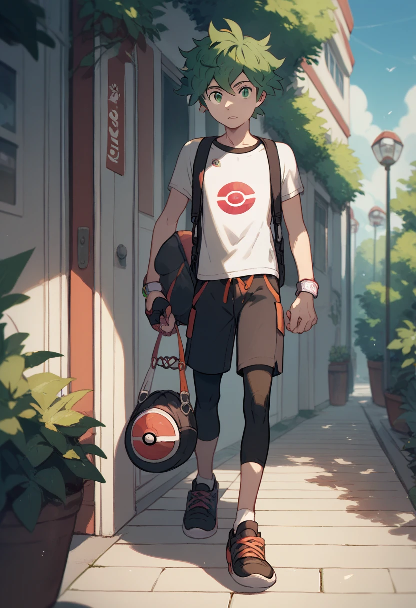 Young male Pokémon Trainer with dark black messy hair, green eyes , lazy look , walking