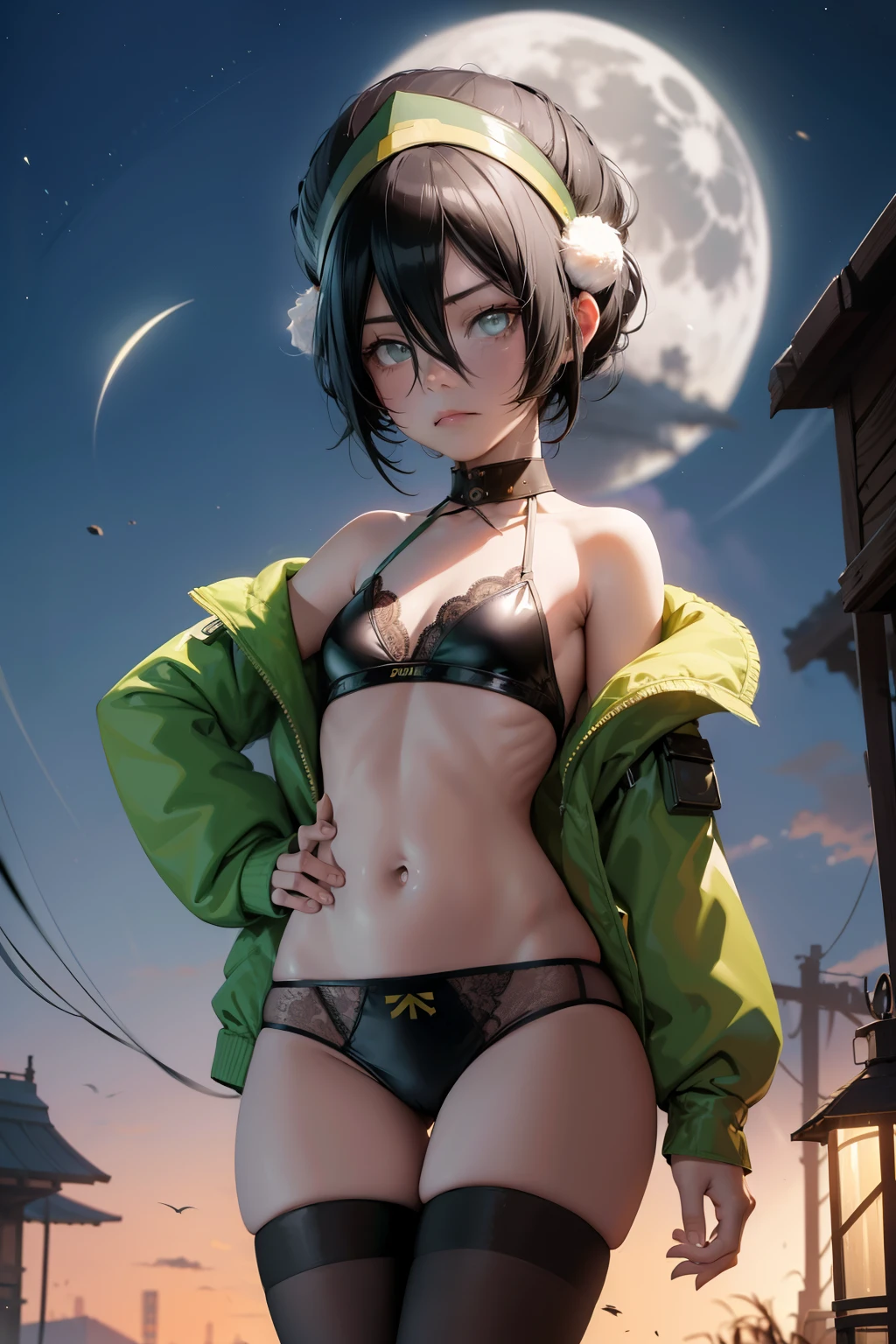 Toph beifong  ,1girl , anime , masterpiece  , Black hair,green jaqueta aberta open clothes ,toph beifong , disappointed face , solo,(   body), gren jacket, open clothes, bra , flat chest , micro short shorts , looking at viewer , night moon background . Lace stockings 