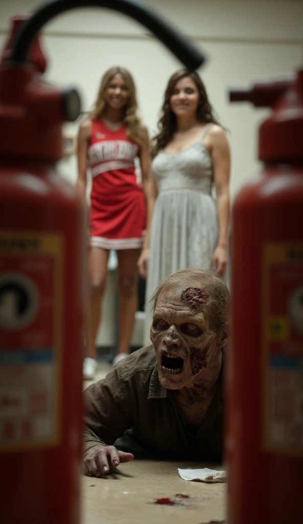 Foreground shooting， a zombie on the ground by a fire extinguisher ，The fire extinguisher blocks the foreground of the screen，Foreground blur， in the distance, there is a guy in the distance wearing a red cheerleader uniform、 woman in a white pleated dress ，Woman blur ， in a dressing room 