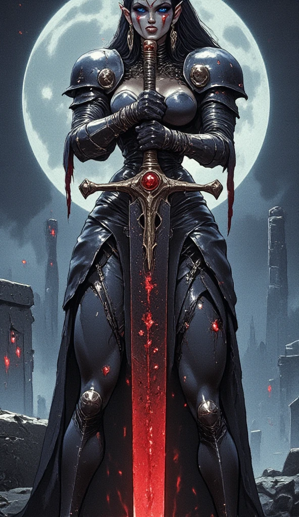 cinematic photo . Create a hyper-realistic depiction of a female night elf from world of warcraft. The night elf is a deathknigh, wielding a giant sword. The sword is pitchblack and red glowing runes were carved into the blade. She is wearing torn clothes and black armor. barbed wire is wrapped around her forearms. Her intense, piercing gaze, with blue glowing eyes, is directed forward. She has really long, pointy ears that are tilted backwards. Her appearence is athletic and she has a slender body. Her pale skin is covered in red warpaint and red tattoos. She has goth makeup and black lipstick. Her black hair is tied to a ponytail. She is standing proudly and ready to attack in the middle of a graveyard, staring at the viewer. Mist is forming on the ground and the deathknight radiats a menacing aura. Her armor is covered in spikes and thorns. She has an evil grin. The rest of the graveyard is steeped in shadow. , , , . 35mm photograph, film, bokeh, professional, 4k, highly detailed,ct-bizarre
