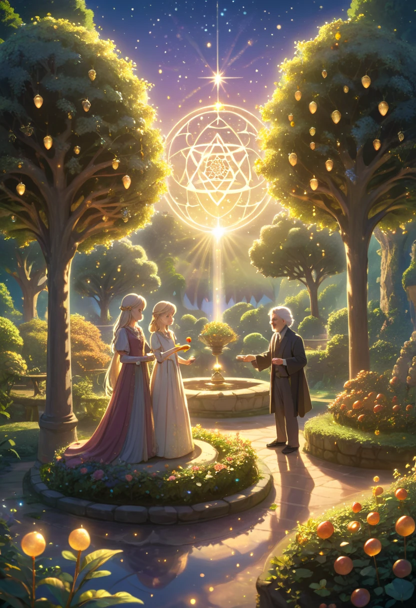 A magical renaissance garden at golden hour. An elderly couple tends to fruit-bearing trees. Floating crystal lights illuminate the scene. Multiple pentacle symbols gently glowing in the sky. Sacred geometry patterns subtly visible in the background. Dreamy atmosphere with soft lighting. Anime style, ghibli-inspired, detailed but gentle art style.