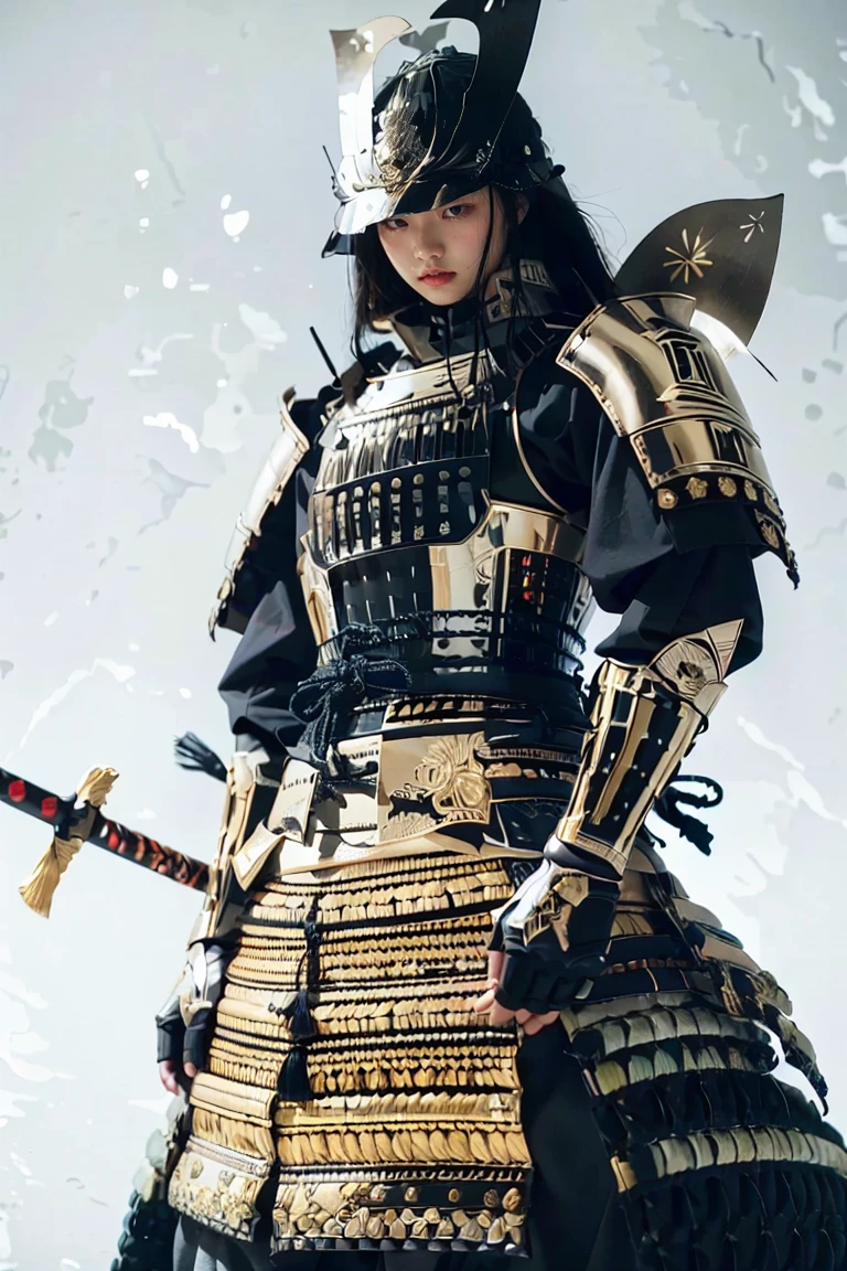 A hyper-realistic, highly detailed, and high-resolution (16k) image of a striking Western man wearing a cutting-edge, fashionable Japanese samurai armor (yoroi). The samurai armor combines traditional elements with avant-garde, futuristic designs, creating a balance of cultural heritage and modern innovation. 

The man stands upright in a rigid,facing forward,  commanding pose, looking directly at the viewer with a calm yet intense expression. His chiseled facial features and confident gaze evoke strength and poise, making him appear like a high-fashion model.

Key details include:
- The armor features sleek, angular lamellar plates and sode (shoulder guards) reimagined with metallic textures and sharp, modern lines.
- The color palette is monochromatic with gradients of black, gray, and silver, accented by subtle glowing edges and intricate engravings.
- The kabuto (helmet) is minimalist yet bold, adorned with a unique, futuristic maedate (crest) symbolizing strength and elegance.
- The haidate (thigh guard) and kusazuri (tassets) flow seamlessly, resembling tailored high-fashion pieces while retaining the essence of traditional samurai attire.
- The overall design emphasizes a form-fitting silhouette, blending functionality and artistry, with faint reflective surfaces catching the light.

Studio-quality lighting illuminates the textures, engravings, and sleek lines of the armor, casting soft reflections on the background, creating an immersive and cohesive visual experience.