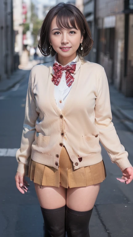 full body shot, from below,  japanese mature,  detailed face , smile, Facial wrinkles, Wrinkles around the eyes,  Detailed Skin Textures ,  white skin,  heavy makeup, curvy body, (earrings, red bowtie,brown cardigan,red skirt,pleated skirt,micro miniskirt:1.2), (black thighhighs,  wearing high heels:1.2), ( full body shot from toe to head wearing black high heels, Standing on the sidewalk:1.2), ( surrealism, best quality, ultra detailed, absolutely resolution, 8k, anatomically correct), depth of field, looking at viewer, (Yuka),  detailed face , full body, A mature woman is cosplaying