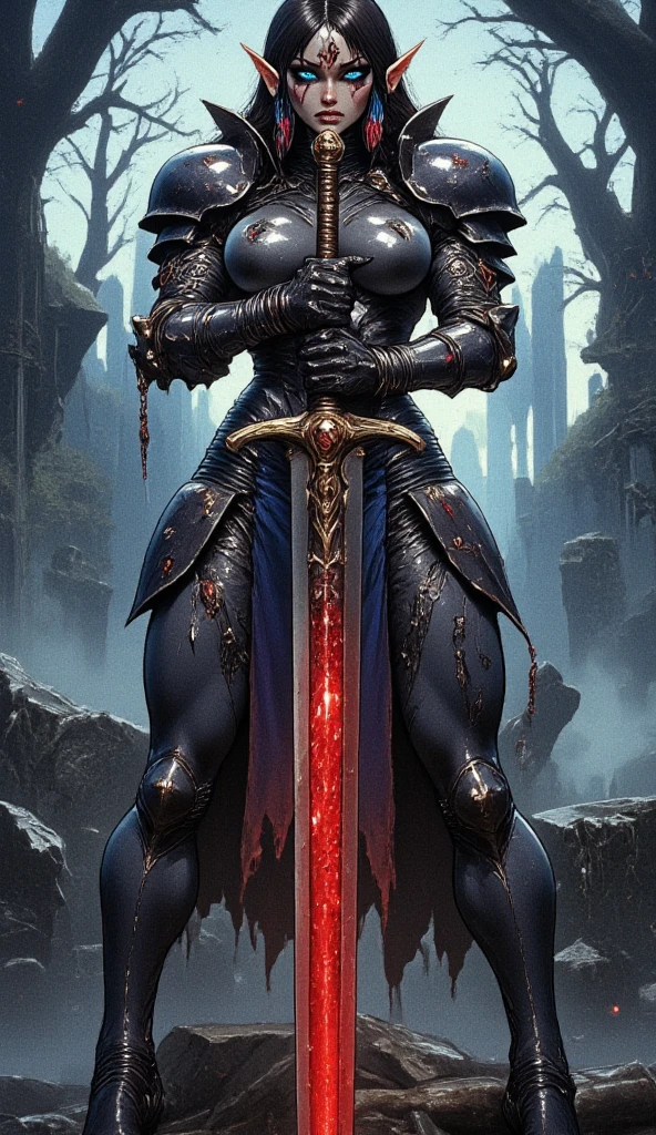 cinematic photo . Create a hyper-realistic depiction of a female night elf from world of warcraft. The night elf is a deathknigh, wielding a giant sword. The sword is pitchblack and red glowing runes were carved into the blade. She is wearing torn clothes and black armor. barbed wire is wrapped around her forearms. Her intense, piercing gaze, with blue glowing eyes, is directed forward. She has really long, pointy ears that are tilted backwards. Her appearence is athletic and she has a slender body. Her pale skin is covered in red warpaint and red tattoos. She has goth makeup and black lipstick. Her black hair is tied to a ponytail. She is standing proudly and ready to attack in the middle of a graveyard, staring at the viewer. Mist is forming on the ground and the deathknight radiats a menacing aura. Her armor is covered in spikes and thorns. She has an evil grin. The rest of the graveyard is steeped in shadow. , , , . 35mm photograph, film, bokeh, professional, 4k, highly detailed
