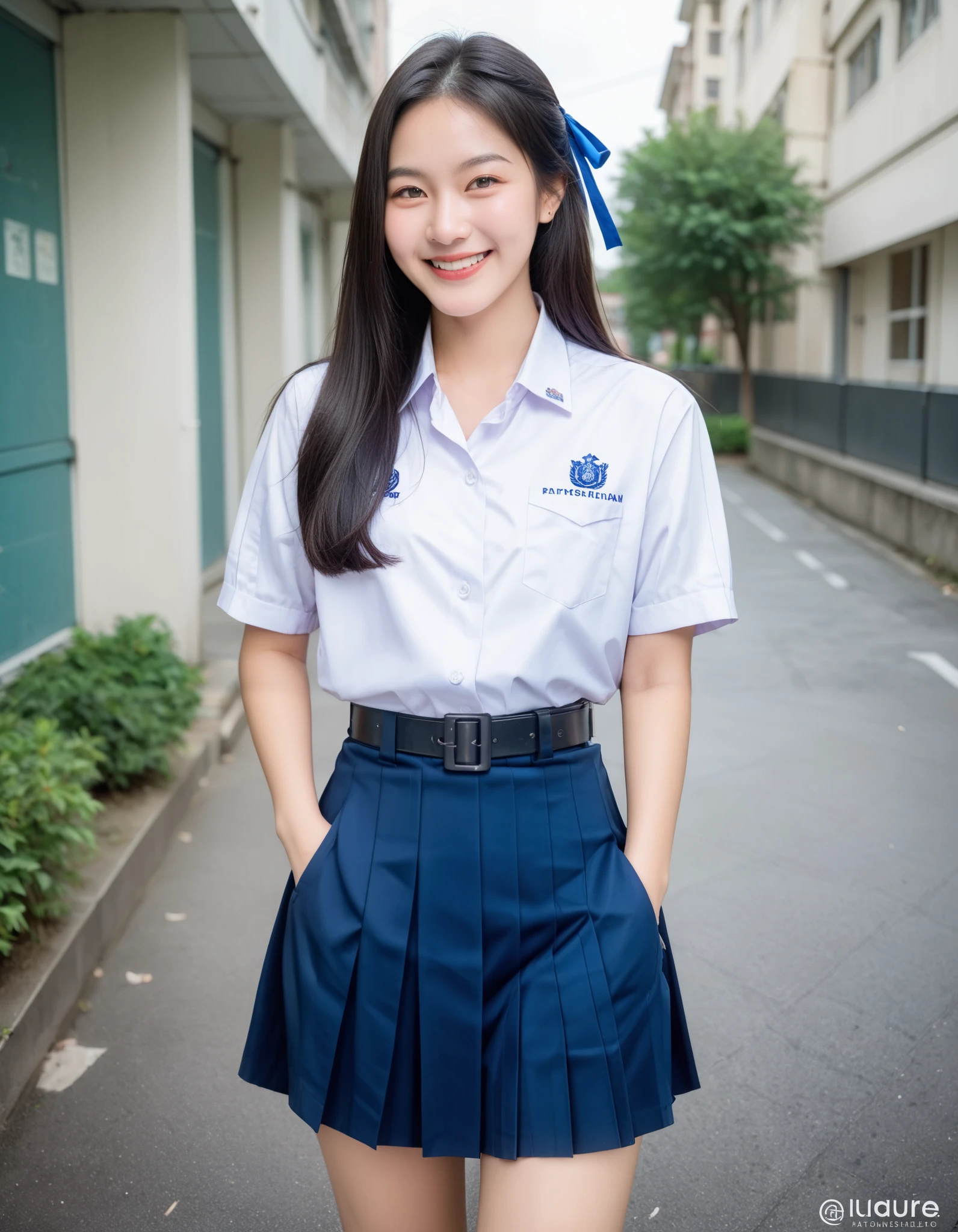 (masterpiece, best quality:1.0), highly detailed,  detail,  1girl, Asian girl, long hair, black hair, Thai highschool uniform, wearing white collared shirt, short sleeves, blue skirt, pleated skirt, black belt, blue neck ribbon, pocket, school logo on pocket, outdoor,  smile,  standing, cowboy shot