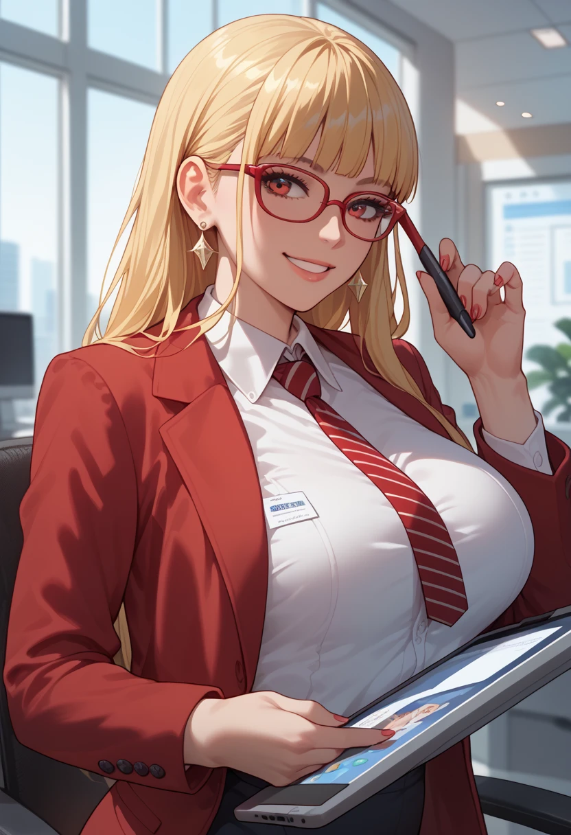  anime style, Women, alone, blonde,  long hair , fringe,  sexy secretary , red glasses,  office suit,  red jacket, camisa blanca con neckline, neckline, smile, Holding a tablet, Nice breasts