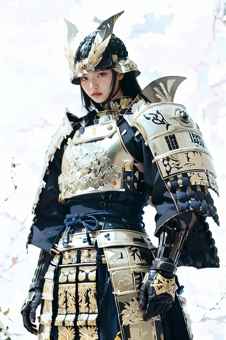 A hyper-realistic, highly detailed, and high-resolution (16k) image of a striking Western man wearing a cutting-edge, fashionable Japanese samurai armor (yoroi). The samurai armor combines traditional elements with avant-garde, futuristic designs, creating a balance of cultural heritage and modern innovation. 

The man stands upright in a rigid,facing forward,  commanding pose, looking directly at the viewer with a calm yet intense expression. His chiseled facial features and confident gaze evoke strength and poise, making him appear like a high-fashion model.

Key details include:
- The armor features sleek, angular lamellar plates and sode (shoulder guards) reimagined with metallic textures and sharp, modern lines.
- The color palette is monochromatic with gradients of black, gray, and silver, accented by subtle glowing edges and intricate engravings.
- The kabuto (helmet) is minimalist yet bold, adorned with a unique, futuristic maedate (crest) symbolizing strength and elegance. metalic carving of a dragon on the forehead area.
- The haidate (thigh guard) and kusazuri (tassets) flow seamlessly, resembling tailored high-fashion pieces while retaining the essence of traditional samurai attire.
- The overall design emphasizes a form-fitting silhouette, blending functionality and artistry, with faint reflective surfaces catching the light.

Studio-quality lighting illuminates the textures, engravings, and sleek lines of the armor, casting soft reflections on the background, creating an immersive and cohesive visual experience.