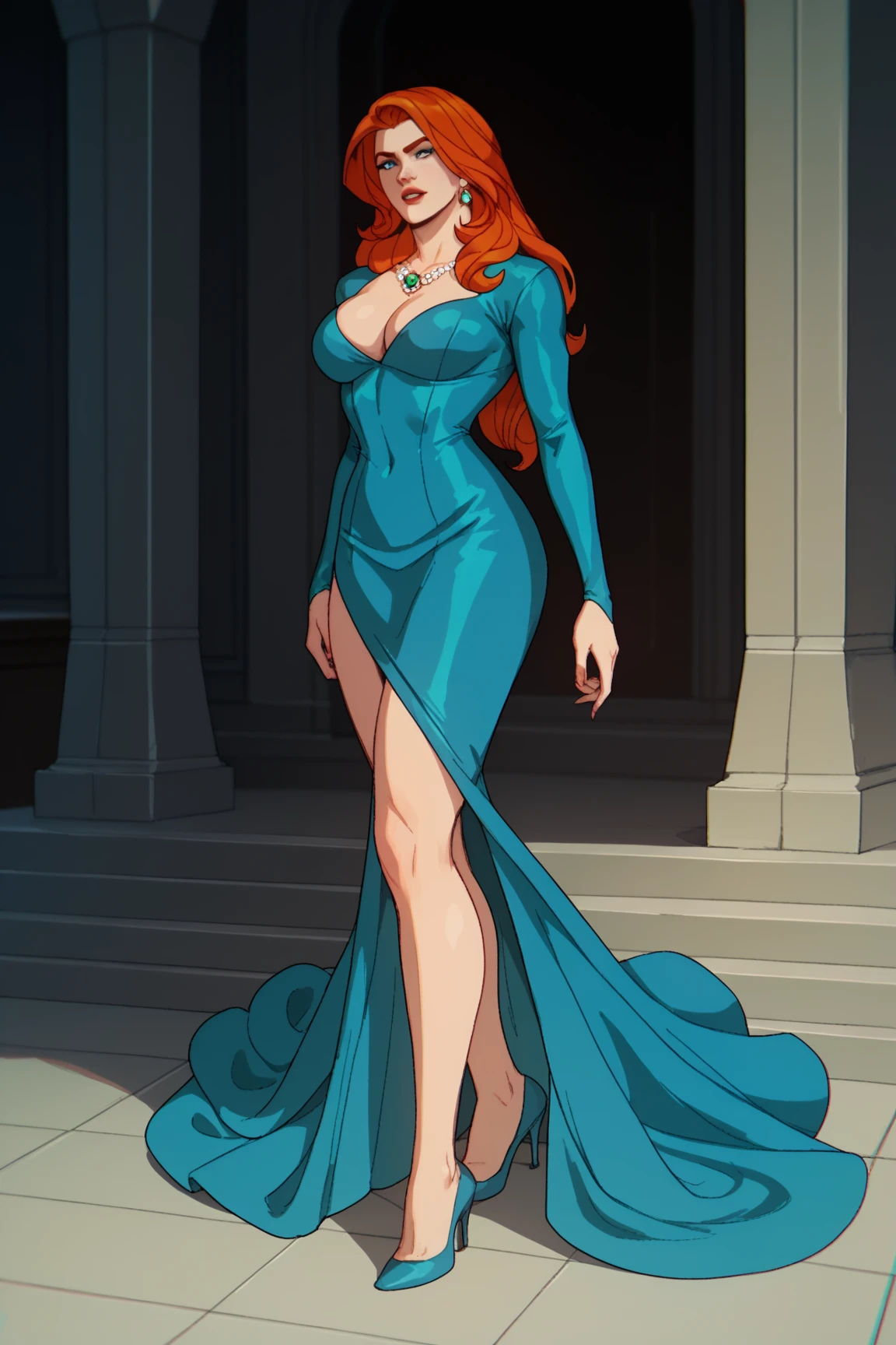 score_9, score_8_up, score_7_up, score_6_up, score_5_up, score_4_up, BREAK, 1girl, Jean, orange hair, blue eyes, 
She opted for a elegant blue dress, big hip, long legs. Busty. Beautiful woman. 