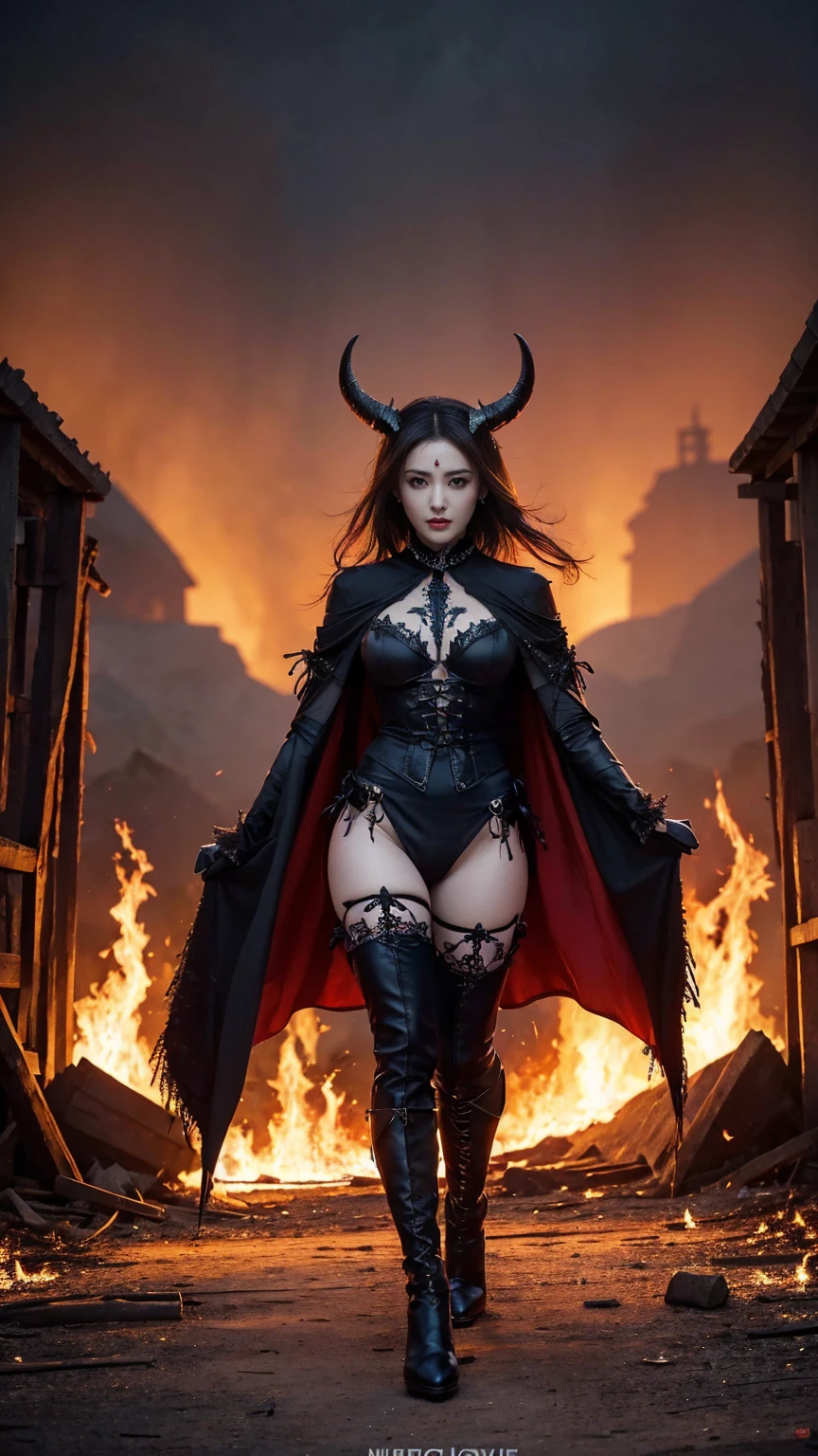 long red hair,dark green eyes ,elf ears,4 earings in each ear, pyramid necklace ,petite athletic body, large D-cup breasts ,firm cleavage,big pouty red lips,bright yellow halo,horns,large wings on back,black plate mail armor,plare armor leggings, metal gauntlets,chest plate armor broadsword in attack stance,in german Gothic castle courtyard, night time,full moon with a cloudy night sky,fangs,bat wings,lightning, skull on black belt ,crows,skulls,