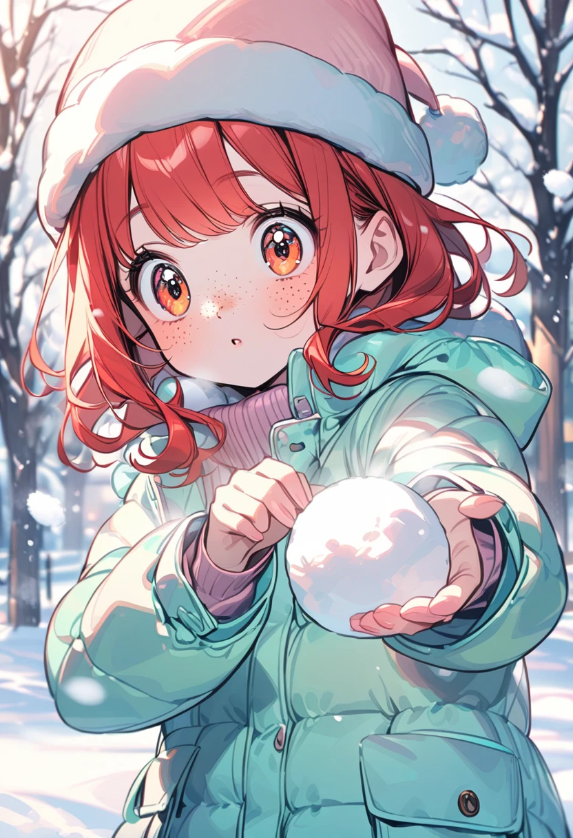 young girl(red hair, freckles, big eyes), dressed in a winter jacket, hat, winter, snowfall, cold, sunny, she plays snowballs, Snowball Fight, cute colors, pastel colors,