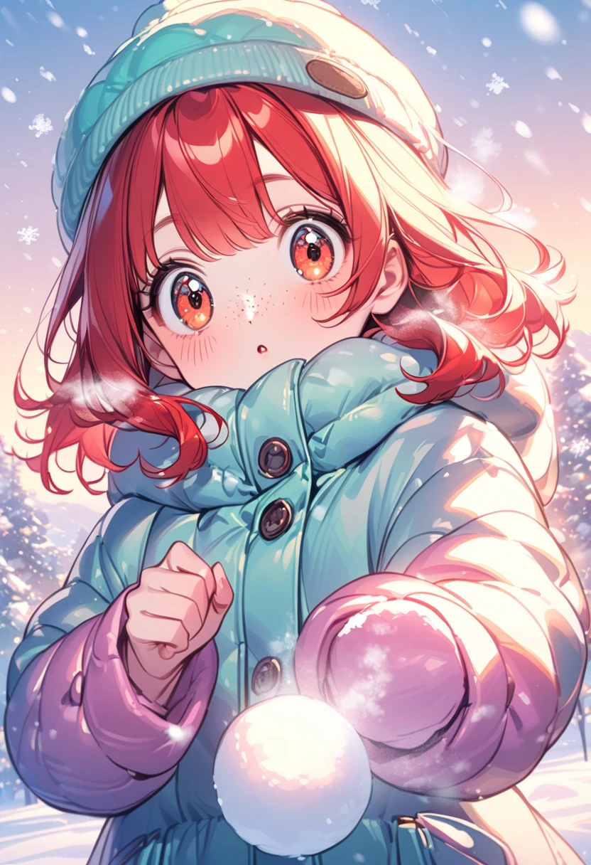 young girl(red hair, freckles, big eyes), dressed in a winter jacket, hat, winter, snowfall, cold, sunny, she plays snowballs, Snowball Fight, cute colors, pastel colors,