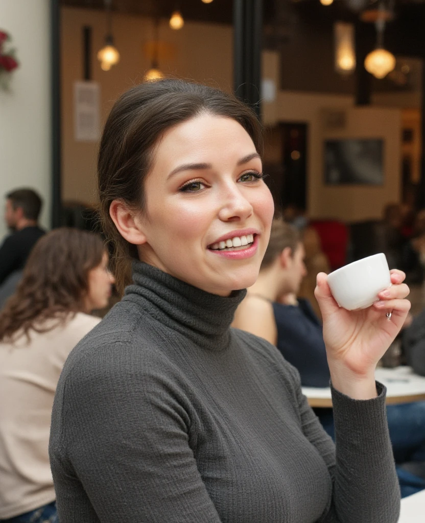 realistic photo of, wearing a turtle neck sweater, smiling, sitting in a cafe drinking an espresso. looking at the viewer 