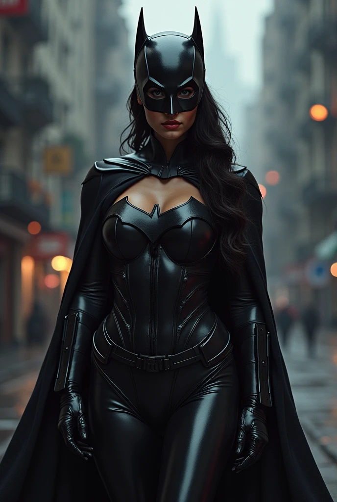 (((A beautiful woman under the cloak of Big Barda (((She has long hair tied back in a ponytail.))),(((with a diaema in golden circles joined together on his forehead))) His eyes are light blue. su traje de superheroína es de temática de samurai. His suit usually has a (((Black leather jumpsuit with scales))) and (((a black corset with a tray neck))) Wonder Woman metallic armor type))) color negro sobre su traje enterizo cinturón ancho and grueso color dorado botas and guantes color negro (((de rodillas en una ciudad Apocalandptica con mucha destrucción))),(((with a necklace with a black round pendant that has a (((s))) as an emblem on his neck))),(((yelling )))