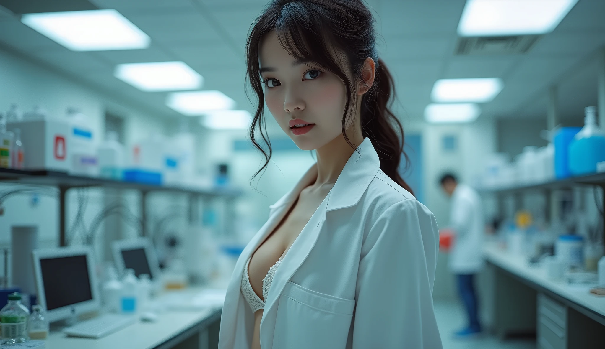 NSFW,Masterpiece, RAW photo,photorealism,high resolution,best quality,high definition, perfect composition, perfect face, perfect body, 32K,Cinematic lighting,Large legs open on the examination table,Secured with restraints,Sexy Female Doctor,Wear only a white coat,(Naked in a lab coat),Solo,stethoscope,Increased exposure,Navel,No underwear,Sensual milf,drooling,scalpel,