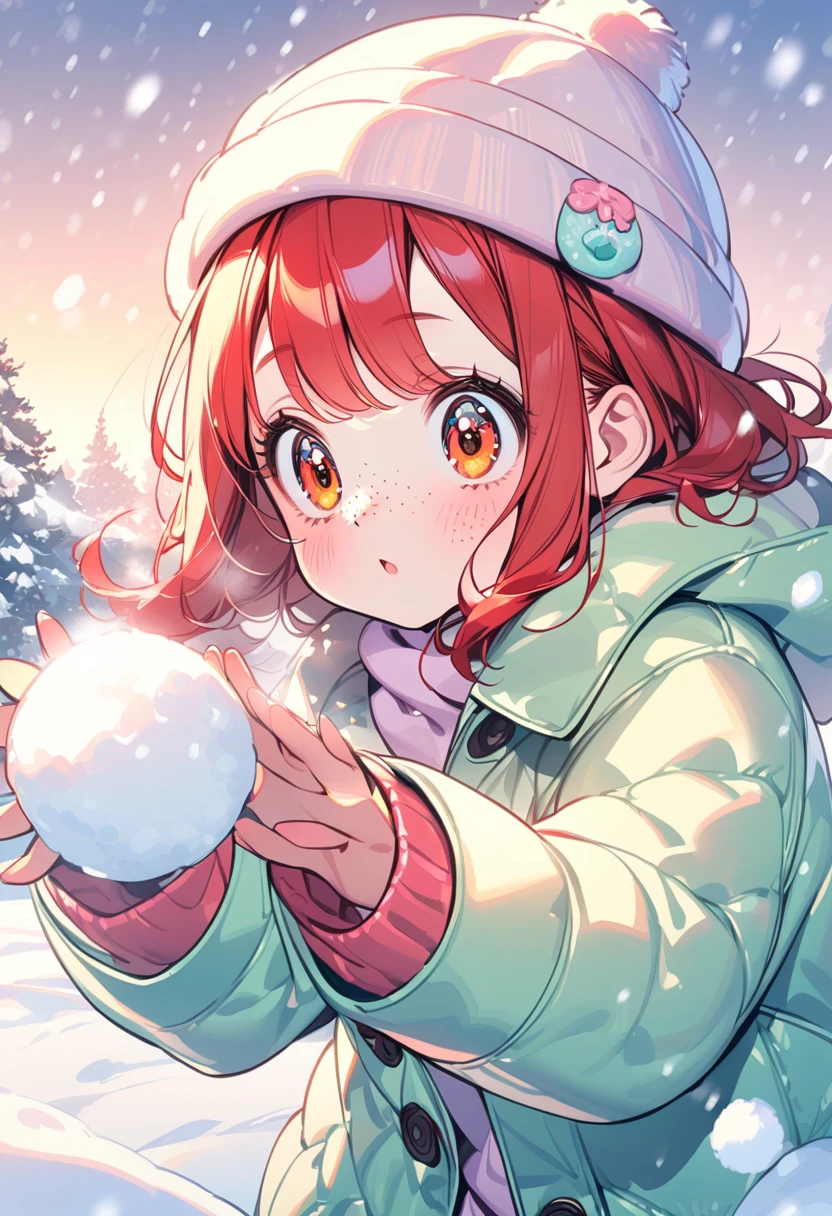 young girl(red hair, freckles, big eyes), dressed in a winter jacket, hat, winter, snowfall, cold, sunny, she plays snowballs, Snowball Fight, cute colors, pastel colors,