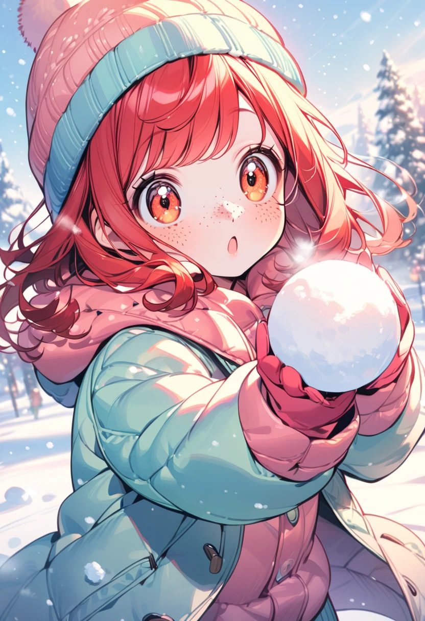 young girl(red hair, freckles, big eyes), dressed in a winter jacket, hat, winter, snowfall, cold, sunny, she plays snowballs, Snowball Fight, cute colors, pastel colors,