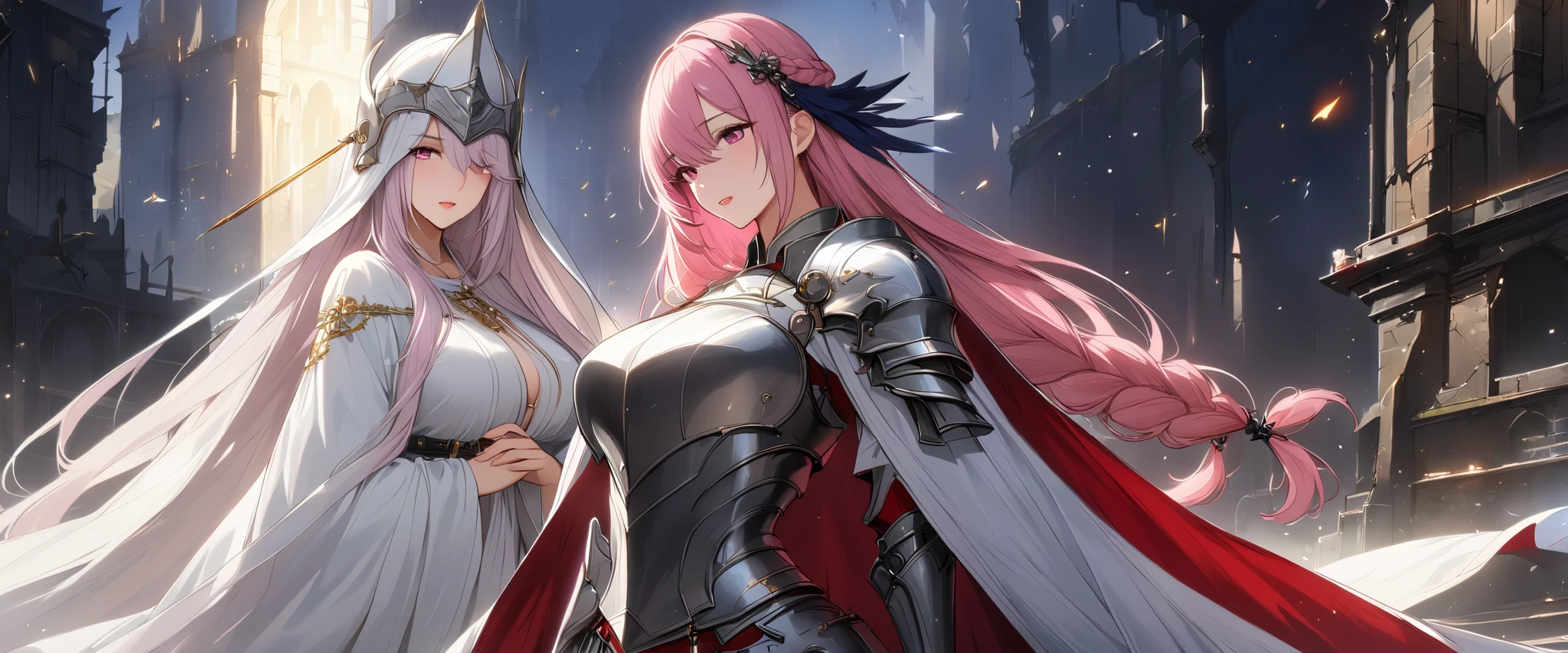 (masterpiece, UHD, 8K, 16K, ultra detailed, best quality:1.2), illustration, yuri, 2girls, (duo focus), Ily(girl on left, white long braided hair, hair over one eye, pink eyes, looking at Rize, praying, using a sister dress, priestess), Rize(girl on right, short hair, tomboy, Golden eyes. rainy bangs, wearing a skimpy knight armor, holding sword), A fallen kingdom background, flame spark, dark fantasy, medieval, Priestess and Knight, behind