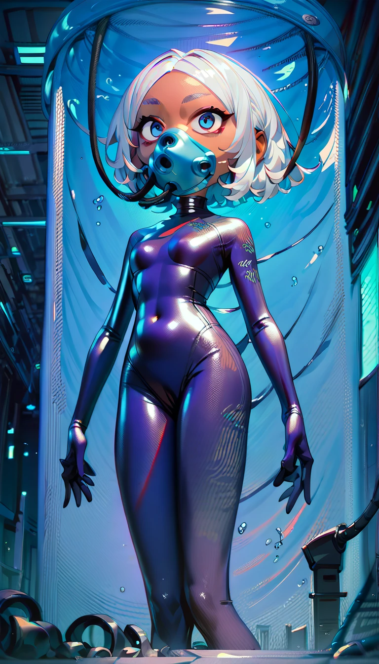 Tanned Woman with silver hair. She has a small blue geometric wril tatoo on her forehead. She is wearing a skin-tight blue wetsuit. She is  floating upright in a geometric stasis pod. She is wearing a full face gas mask
