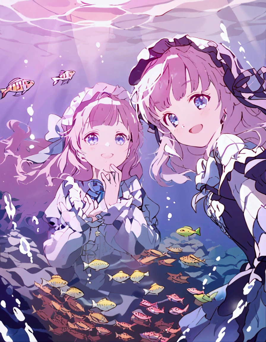 2 cute girls, light, lolita, pink hair, details, ribbon, bang, dress, under water, fish, smile, mirror