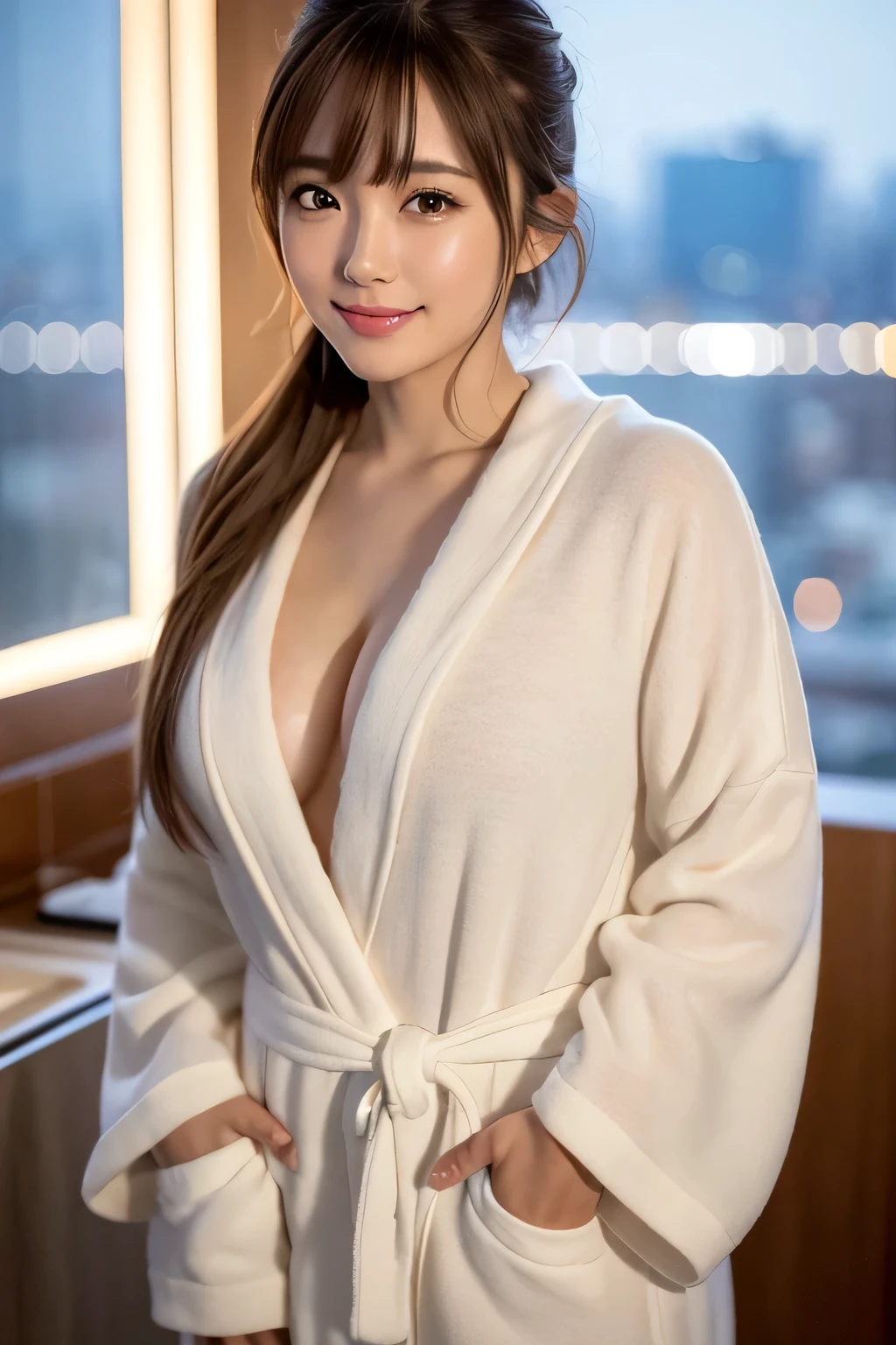 ((masterpiece, highest quality)), Japanese, one woman,Beautiful woman,cute girl,woman in her 20s, smile, big breasts, spread legs, , bathrobe,