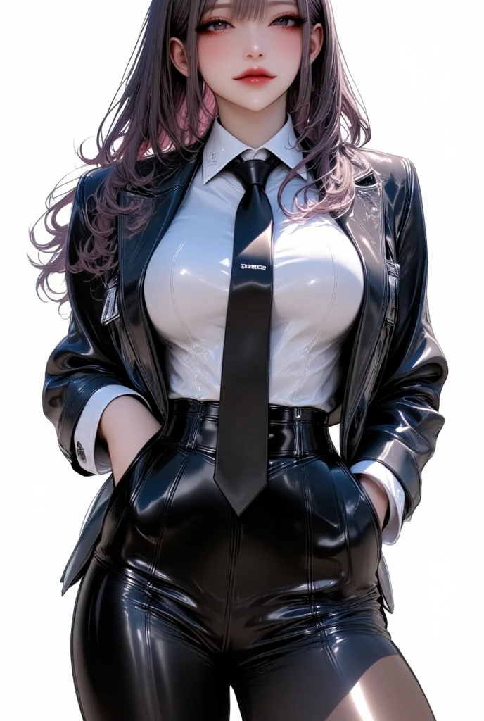 (best quality:1.5, highres, UHD, 4K, detailed lighting, shaders), gold curly haired, gradient hair, large breasts, suit, gray shirt, social shirt, short skirt, mature woman with glasses, perfect fingers, (pov), white background, colorful eyeshadow, dramatic lighting, sparkling eyes, sensual expression, golden earrings, flowing hair, delicate facial features, dark skin, high cheekbones, urban setting, white background, dont look for the camera, lean forward, ( pose : behind the camera)
