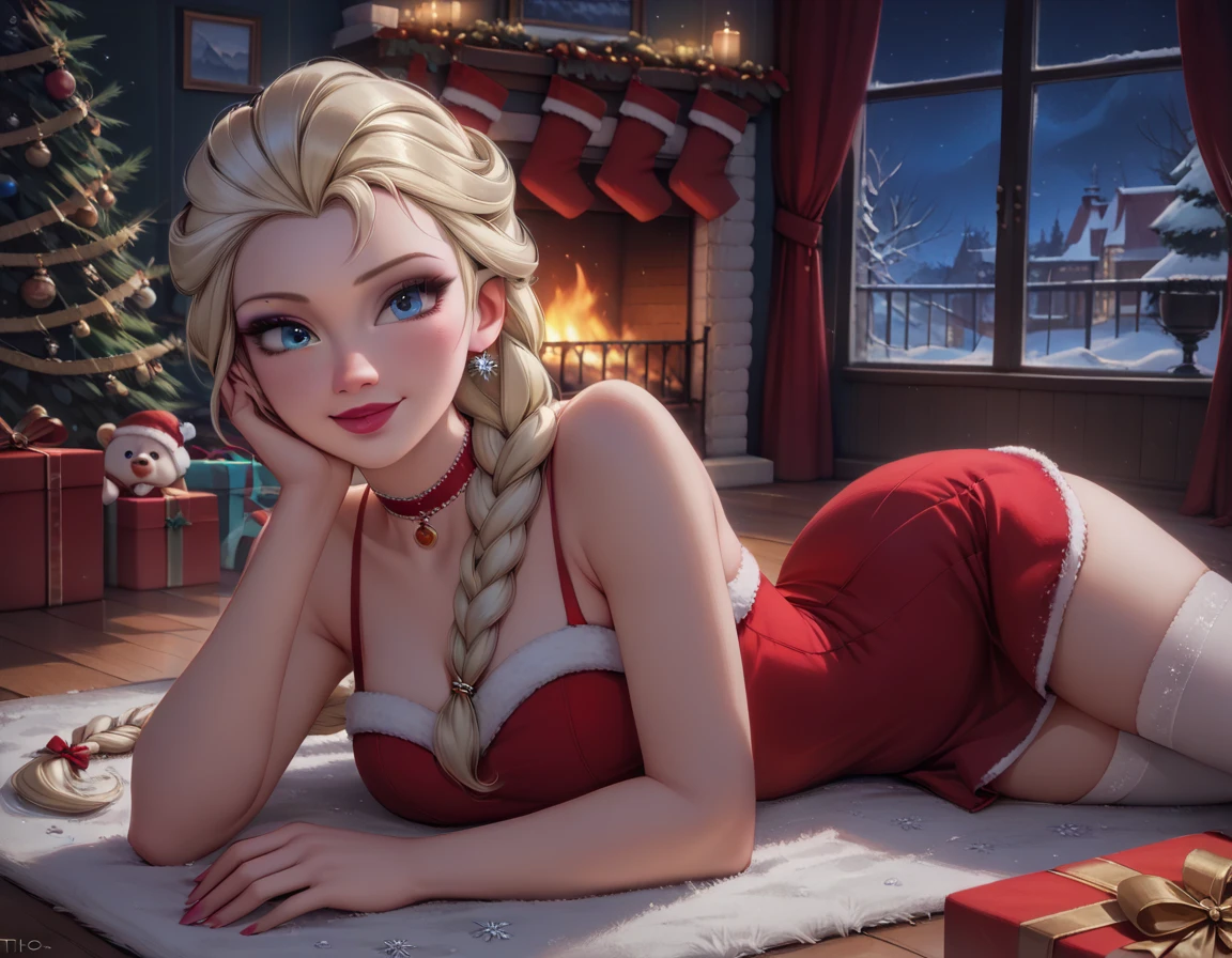 score_9, score_8_up, score_7_up, 1girl, solo, very sexy (Elsa, blonde, braid:1.4), wearing (sexy red Mrs Clause dress, short dress:1.3), (beautiful waifu, thicc:1.5), (bare arms, bare shoulders:1.1), (white thighhighs:1.1), plain choker, detailed eyes, detailed face, filled lips, thick lips, cozy winter lodge, living room, fireplace, (on side, lying, POV:1.2), laying on plush rug, gentle smile, Christmas tree, Christmas theme, Christmas decorations, wrapped presents, lowlight, (night:1.3).