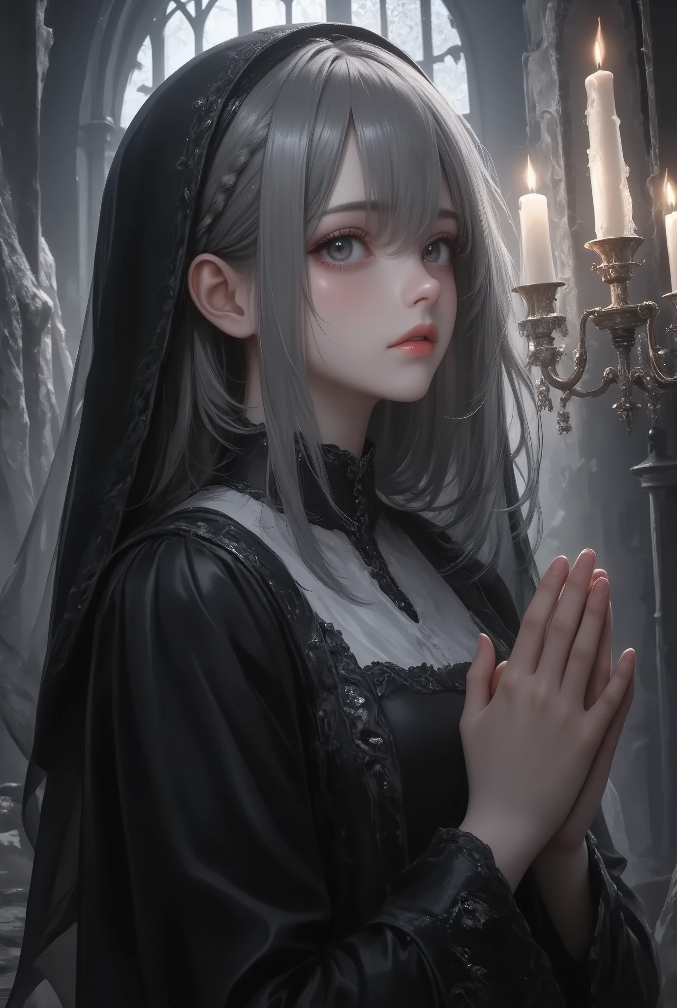 masterpiece, best quality, 8k, highres, ultra-detailed,HDR, UHD, studio lighting, ultra-fine painting, sharp focus, physically-based rendering, extreme detail description, professional, bailing_darkness
,illustration,(low angle), BREAK, 1girl, silver-haired nun, wearing a dark nun outfit with veil, praying with hands clasped, solemn expression, Absurdly beautiful, Look down,look at viewer,BREAK, no windows or stained glass, only light from candles on candelabra, dark and oppressive atmosphere, sense of despair and hopelessness, gothic and eerie vibe, shadows casting across cracked walls,girl focus,