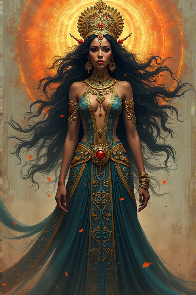 The goddess of gold and time, with a beautiful face and her fierce blue eyes pair with her dark blue hair cascades in her waist and her even white skin tone with her golden dress and gold accessories around her body, a pointy nose and a face with fierce eyes but calm face at the same time, standing beside a big clock and golds in her hands, she’s tall and represents a body shape with big boobs and big butt, holding alot of golden objects, straight hair