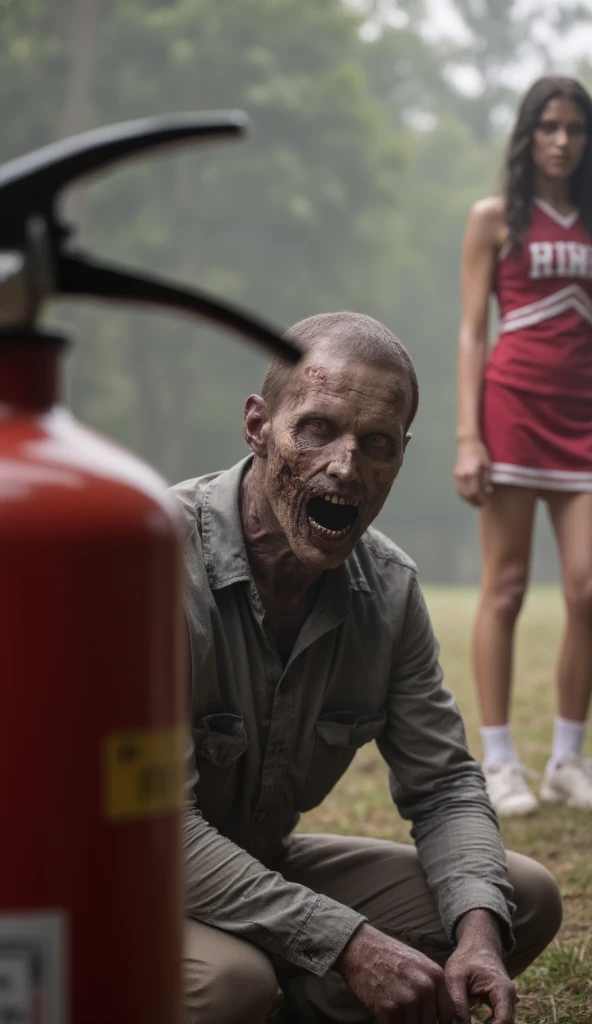 Foreground shooting， shot from the perspective of a fire extinguisher in the distance ，A zombie on the ground with a fire extinguisher ，The fire extinguisher blocks the foreground of the screen，Zombies are the focus of the picture ，Foreground blur， In the distance, there is a blurred back of a woman wearing a red cheerleader uniform