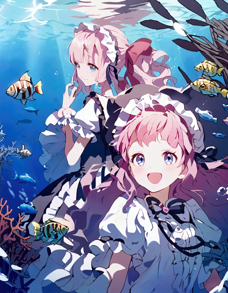 2 cute girls, light, ta, pink hair, details, ribbon, bang, dress, under water, fish, smile, mirror