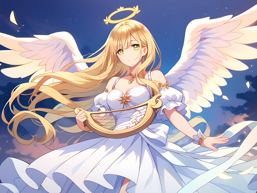 1girl, angel wings, heaven, lightyellow dress, beautiful, yellow hair, yellow eyes, pretty, harp hand, night sky