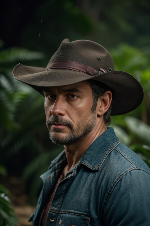 Create a highly realistic depiction of a rugged paleontologist standing in a rainstorm, inspired by the iconic character Dr. Alan Grant from Jurassic Park. The character is a middle-aged man with sharp, weathered features and piercing, thoughtful eyes, wearing a wide-brimmed straw hat with a black band. His clothing consists of a denim shirt, a red bandana tied around his neck, and practical outdoor gear suited for an adventurous scientist in the field. The rain should cascade dramatically, with streaks illuminated by a soft, cinematic backlight that gives the scene a moody atmosphere.

The background is blurred, suggesting a dense tropical forest at night, creating an ominous yet adventurous tone. The lighting should highlight the character's face, casting subtle shadows under the hat brim while keeping the rain visible in the foreground. Details like water droplets clinging to the hat and shirt should enhance the realism. The overall scene should evoke a sense of determination and tension, capturing the essence of a man who faces the untamed power of nature.

Key Details to Enhance:

Realistic facial structure resembling Sam Neill with expressive eyes.
Textured clothing and accessories (e.g., frayed edges on the bandana, hat texture).
Dynamic lighting that interacts with the rain.
Cinematic atmosphere with dramatic tension.

