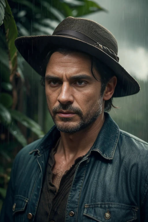 Create a highly realistic depiction of a rugged paleontologist standing in a rainstorm, inspired by the iconic character Dr. Alan Grant from Jurassic Park. The character is a middle-aged man with sharp, weathered features and piercing, thoughtful eyes, wearing a wide-brimmed straw hat with a black band. His clothing consists of a denim shirt, a red bandana tied around his neck, and practical outdoor gear suited for an adventurous scientist in the field. The rain should cascade dramatically, with streaks illuminated by a soft, cinematic backlight that gives the scene a moody atmosphere.

The background is blurred, suggesting a dense tropical forest at night, creating an ominous yet adventurous tone. The lighting should highlight the character's face, casting subtle shadows under the hat brim while keeping the rain visible in the foreground. Details like water droplets clinging to the hat and shirt should enhance the realism. The overall scene should evoke a sense of determination and tension, capturing the essence of a man who faces the untamed power of nature.

Key Details to Enhance:

Realistic facial structure resembling Sam Neill with expressive eyes.
Textured clothing and accessories (e.g., frayed edges on the bandana, hat texture).
Dynamic lighting that interacts with the rain.
Cinematic atmosphere with dramatic tension.

